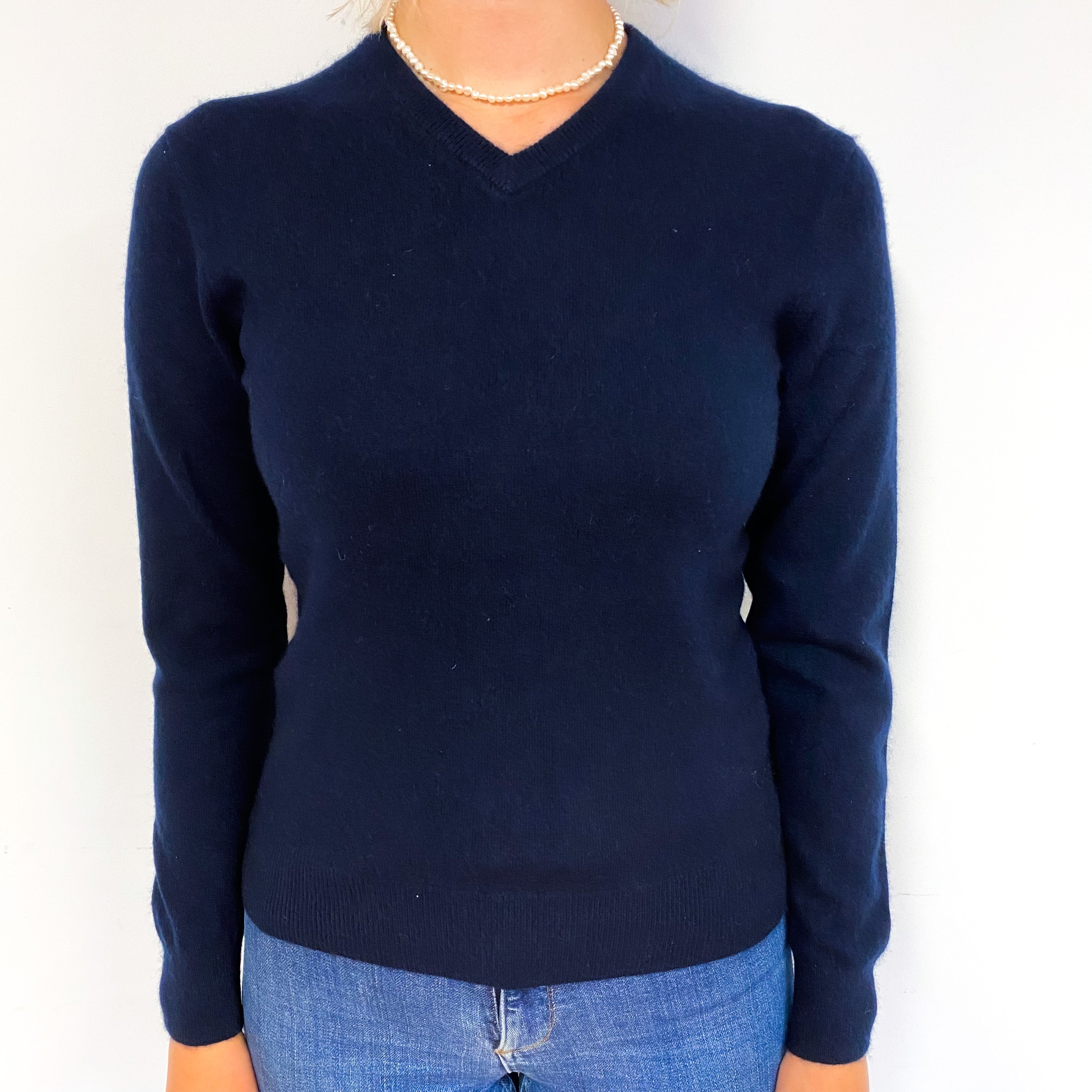 Dark Navy Blue Cashmere V-Neck Jumper Small