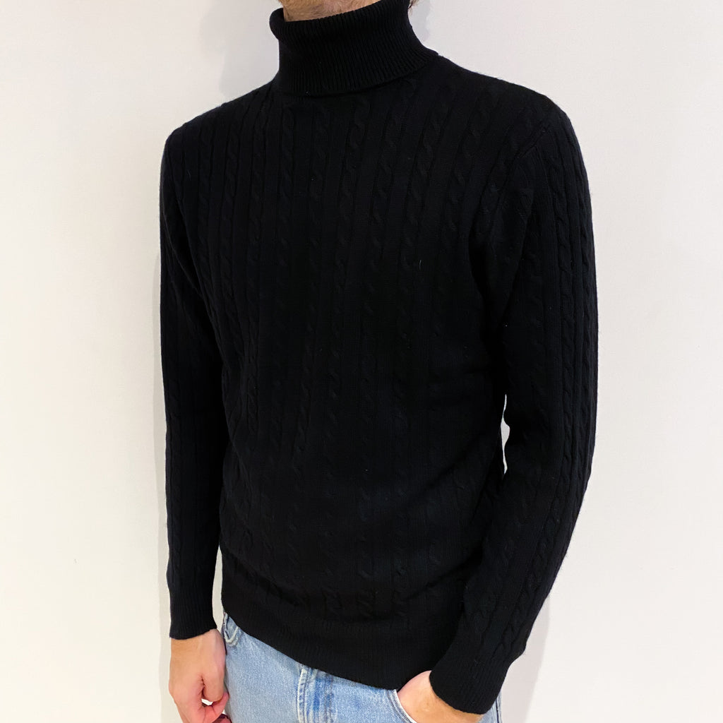 Men's Black Cashmere Polo Neck Cable Knit Jumper Medium