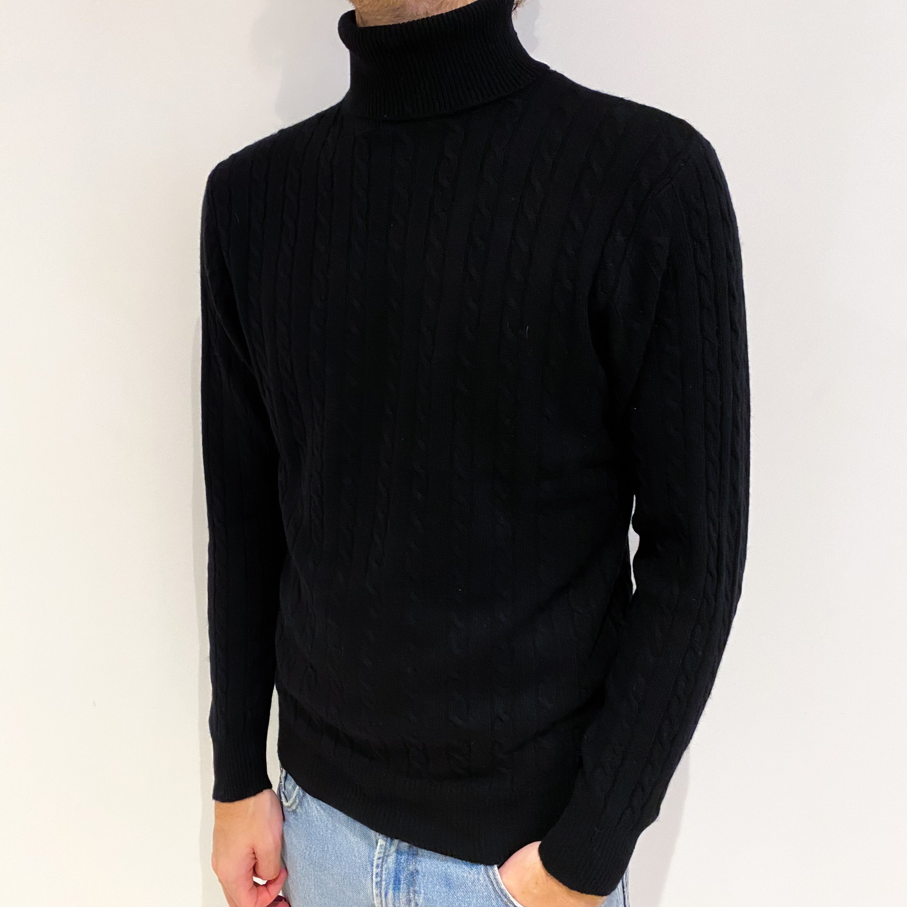 Men's Black Cashmere Polo Neck Cable Knit Jumper Medium