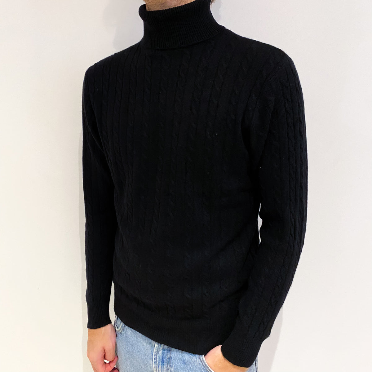 Men's Black Cashmere Polo Neck Cable Knit Jumper Medium
