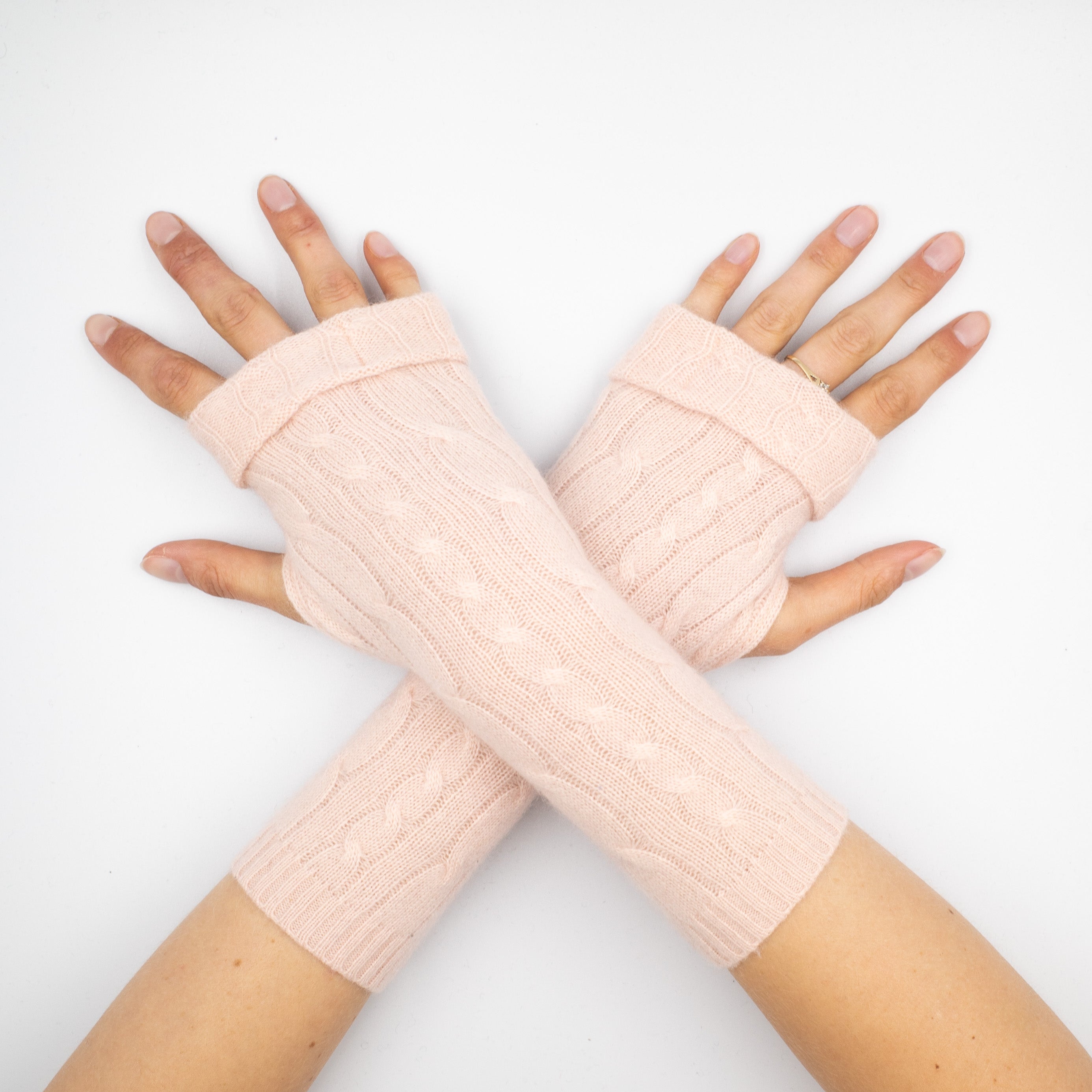 Pale Oyster Pink Cable Fingerless Gloves