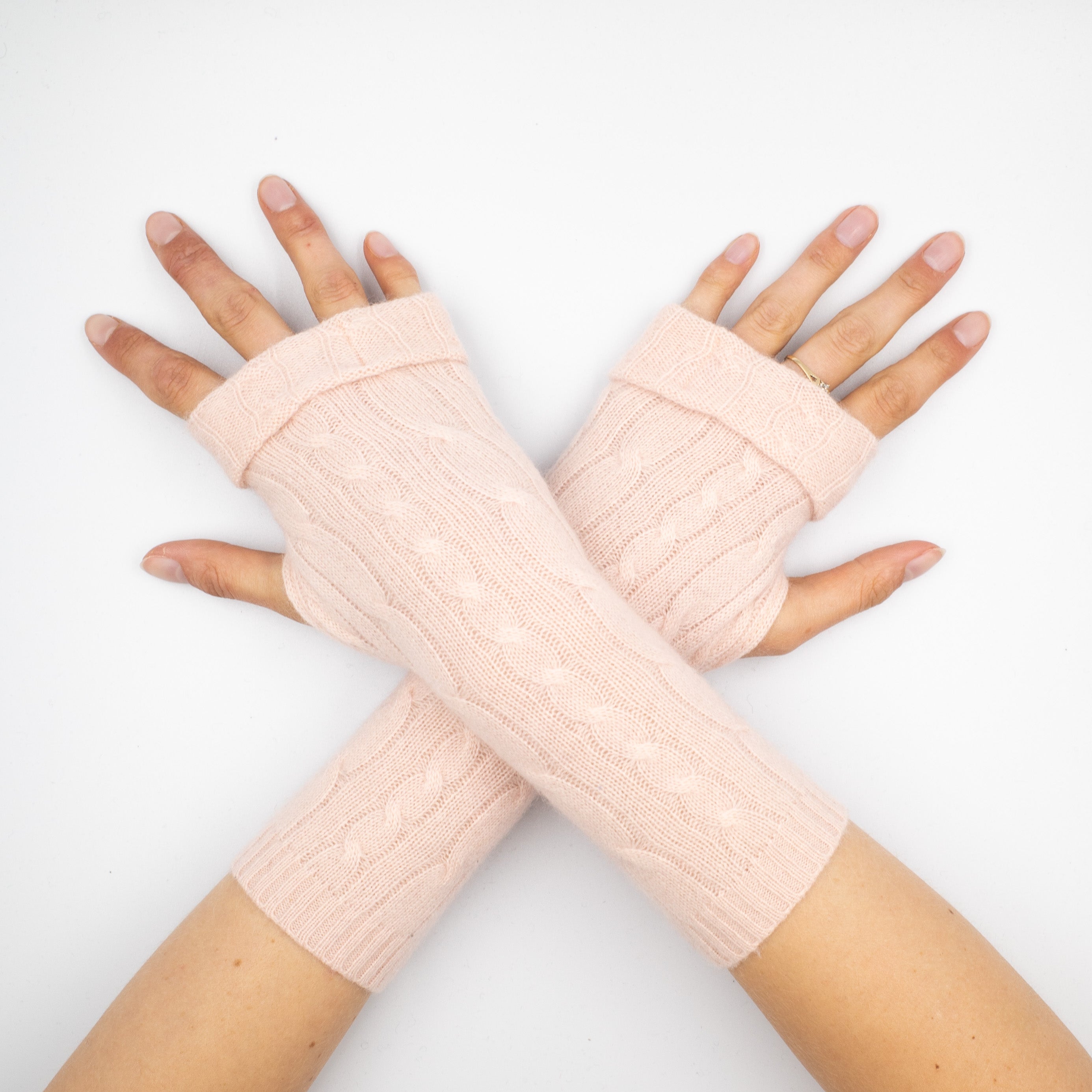 Pale Oyster Pink Cable Fingerless Gloves