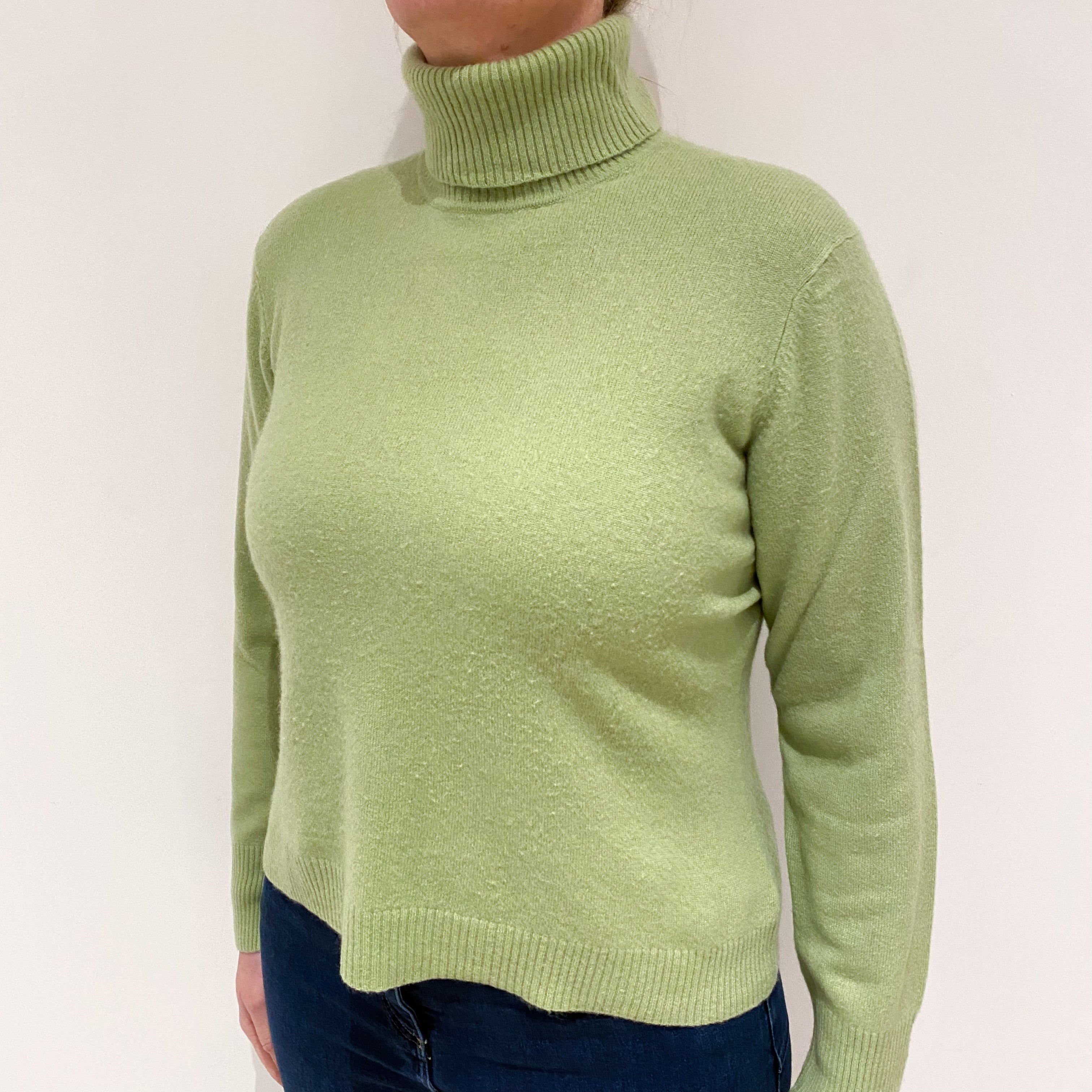 Pear Green Cashmere Polo Neck Jumper Large