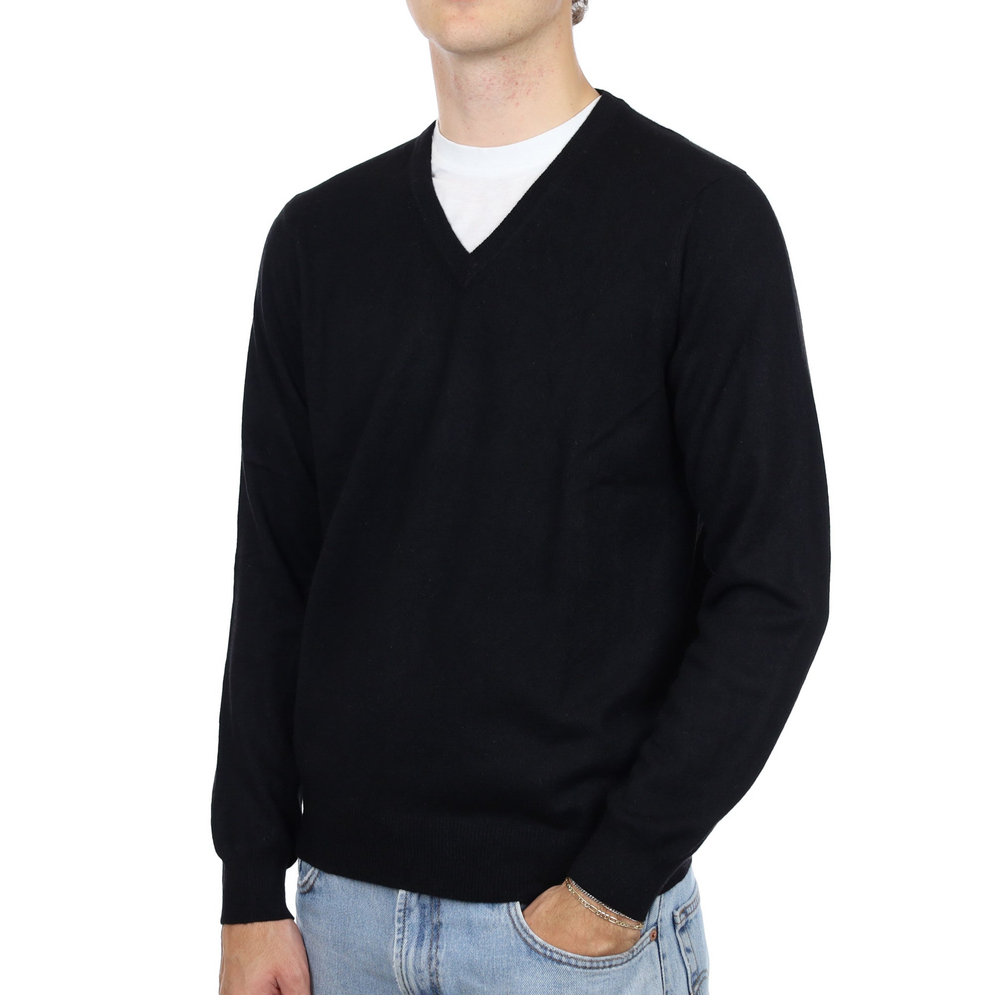 Men's Black Cashmere V Neck Jumper Medium