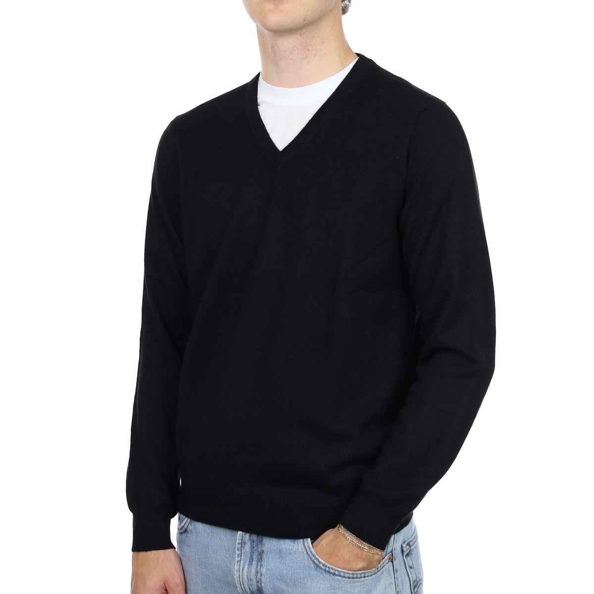 Men's Black Cashmere V Neck Jumper Medium