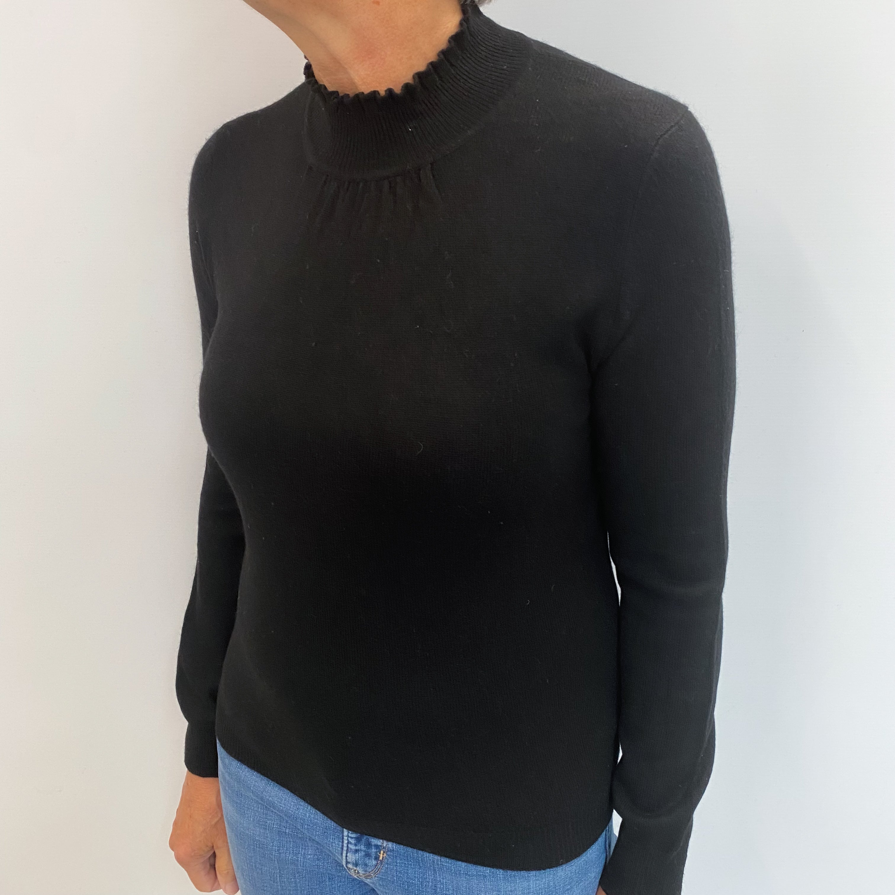 Black Cashmere Frilled Polo Neck Jumper Medium