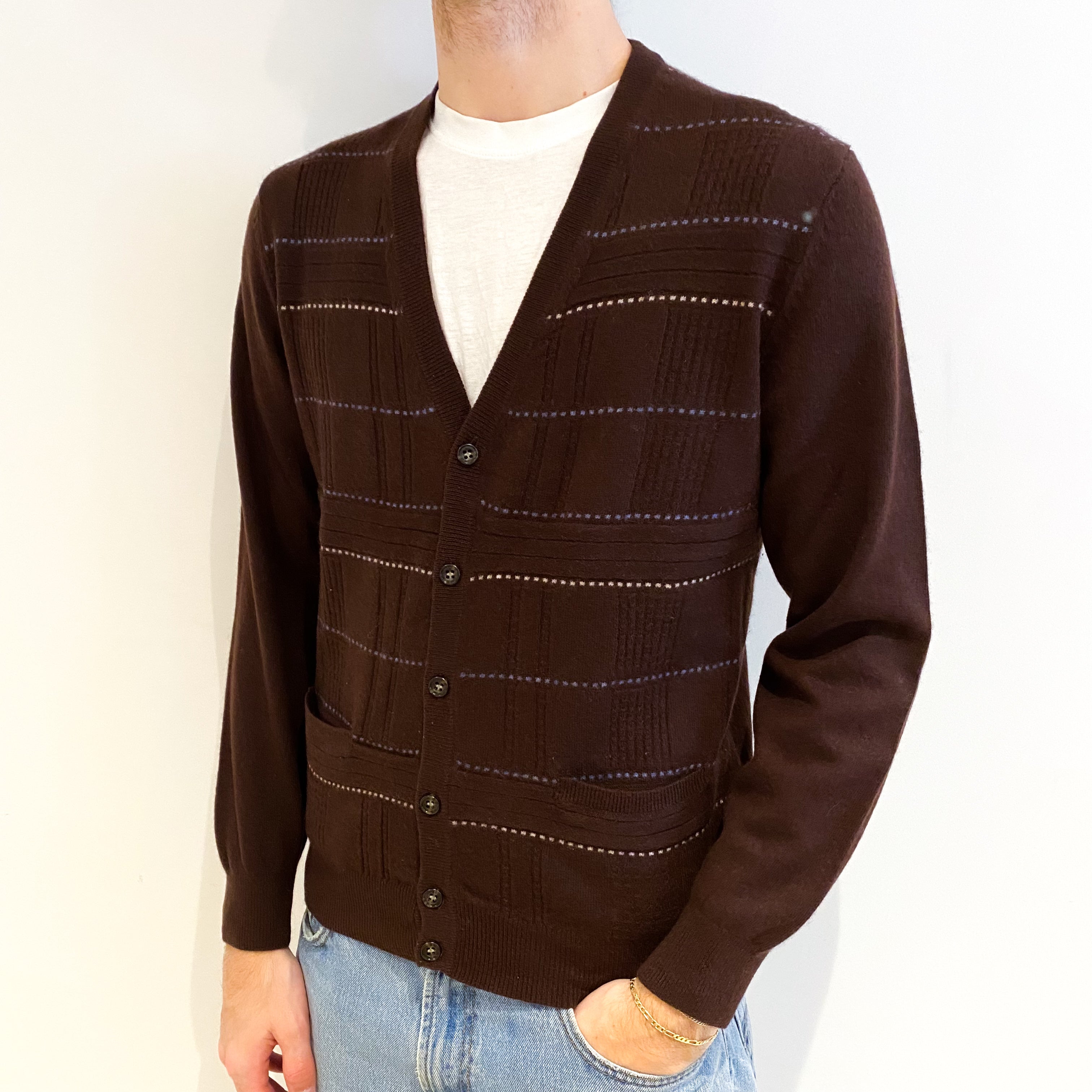 Men's Chocolate Brown Patterned Cashmere V Neck Cardigan Medium