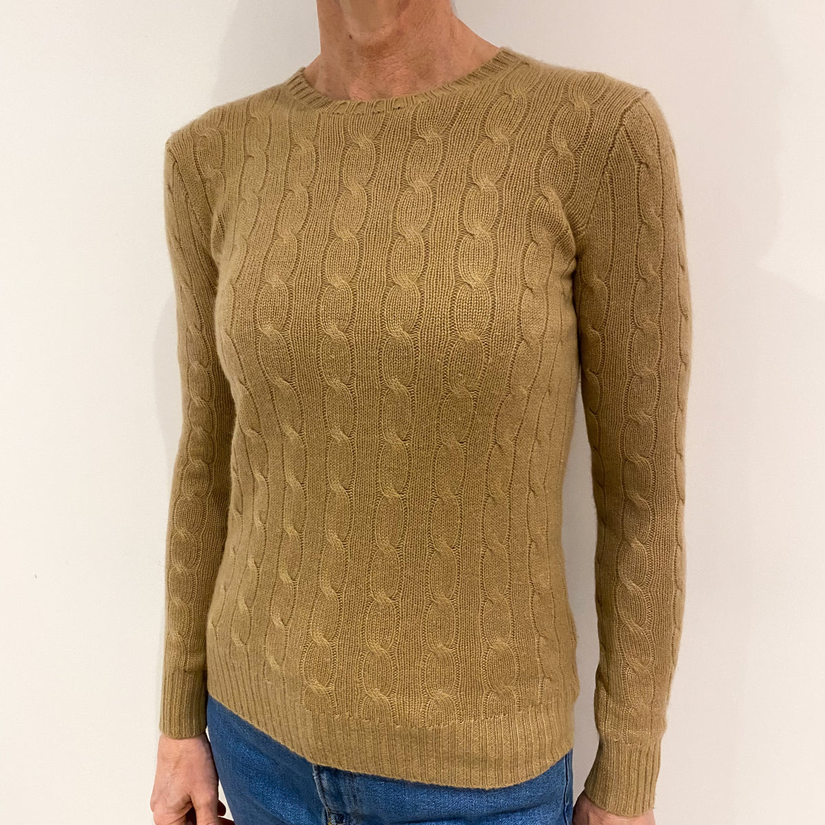 Ralph Lauren Camel Brown Cable Cashmere Crew Neck Jumper Small