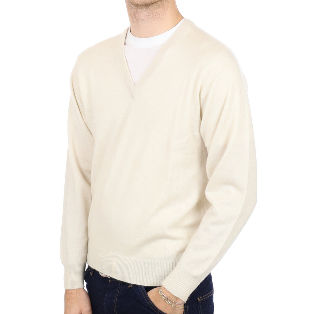 Men's Vanilla Cream Cashmere V Neck Jumper Medium