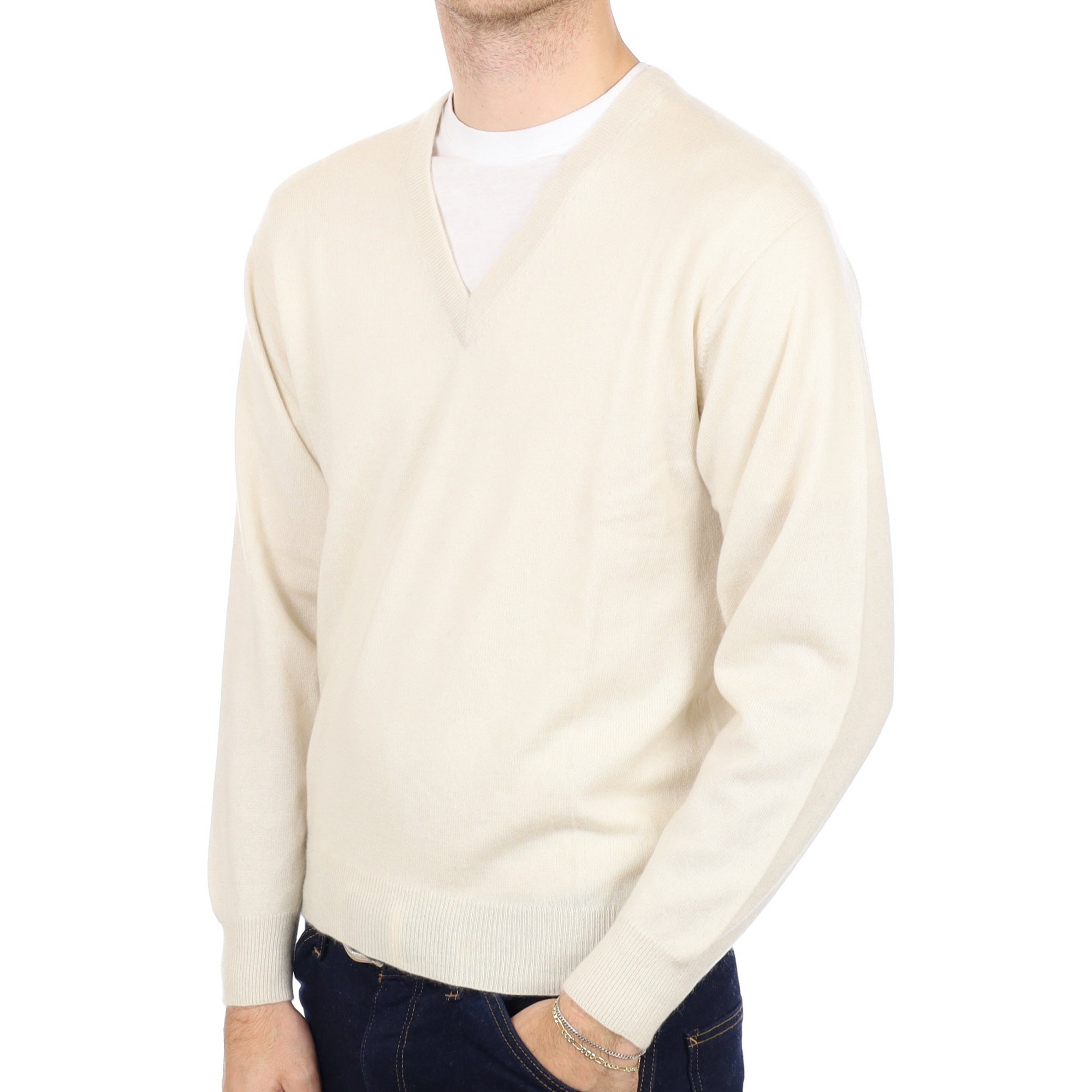 Men's Vanilla Cream Cashmere V Neck Jumper Medium
