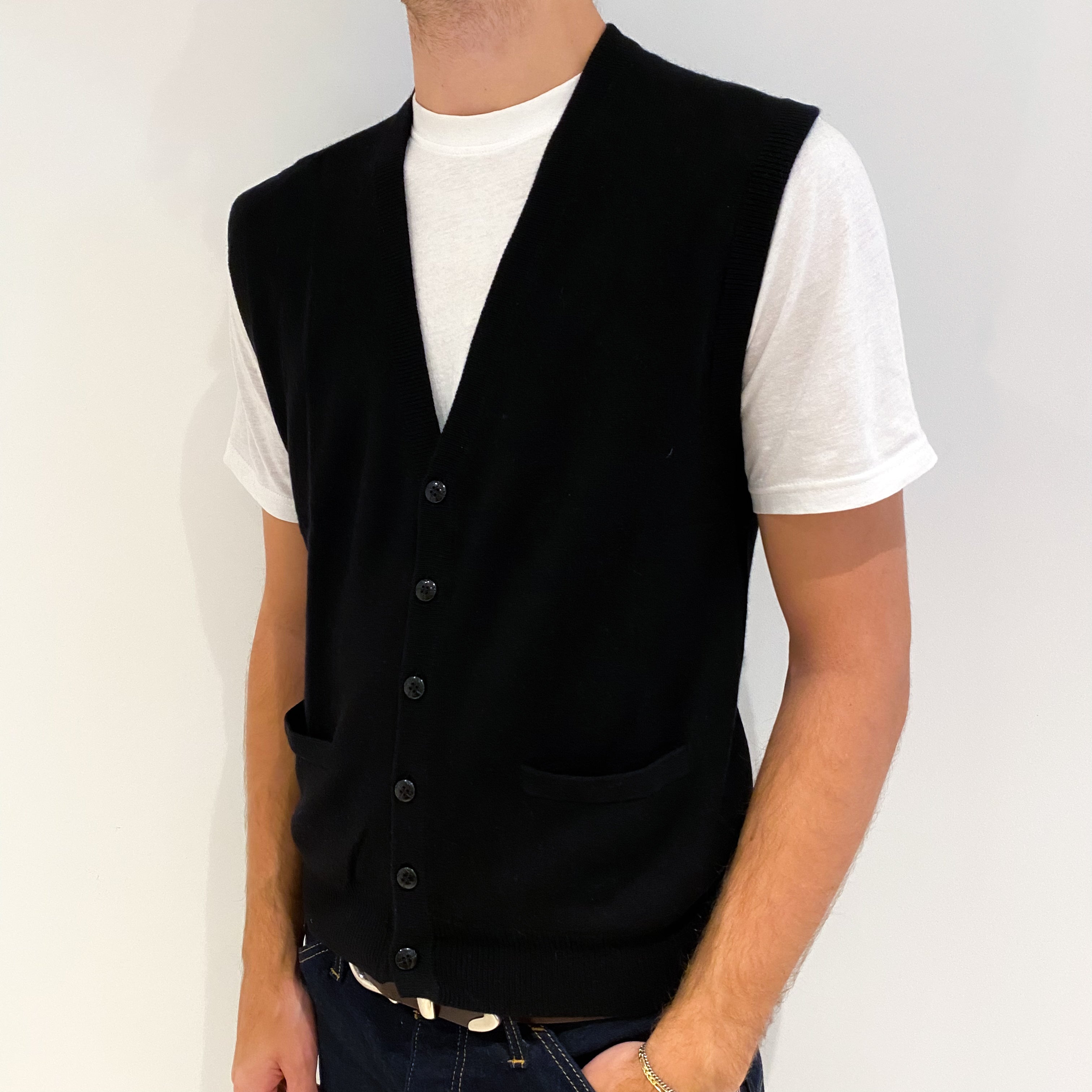 Men's Black Cashmere V-Neck Waist Coat Medium