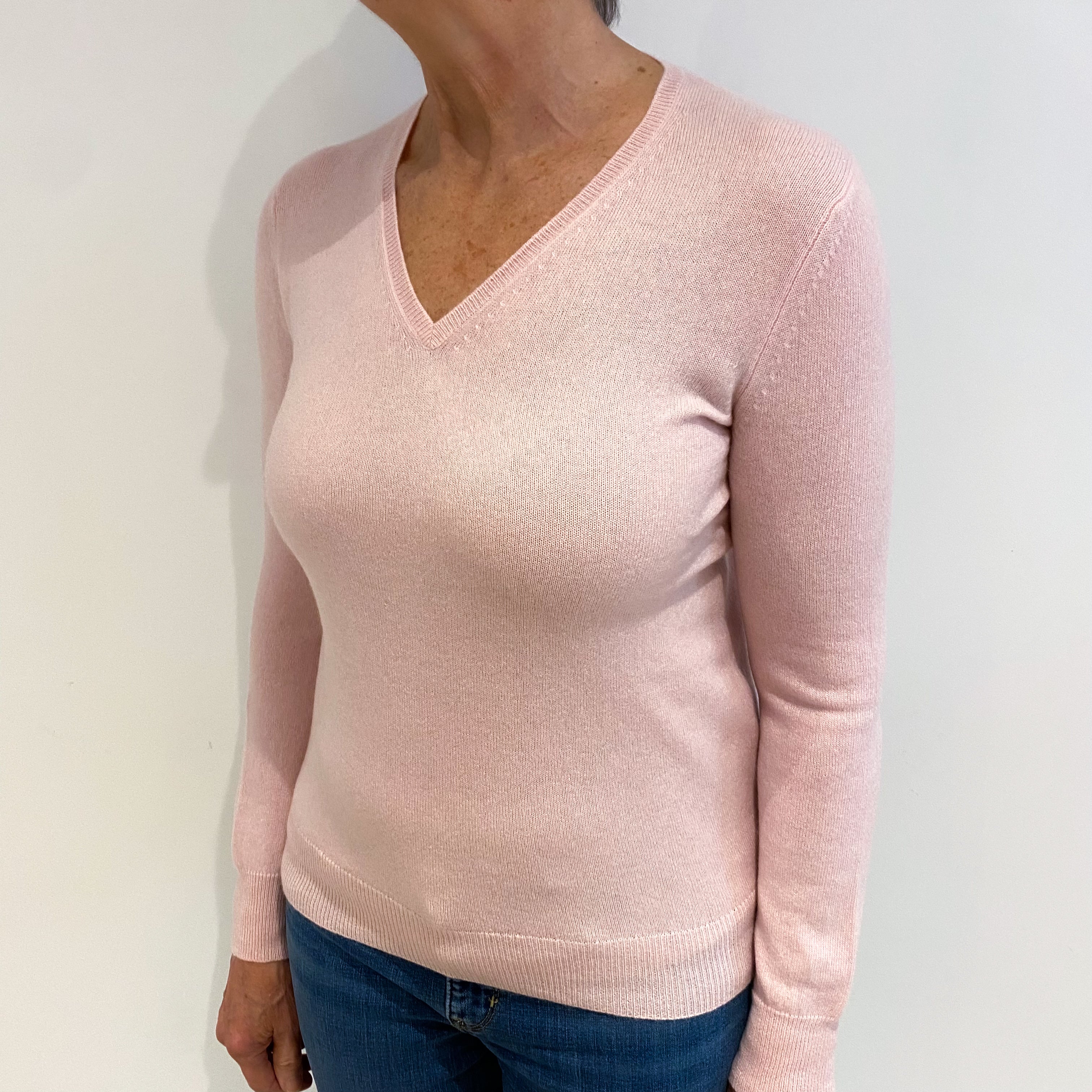 Pale Pink Cashmere V Neck Jumper Medium