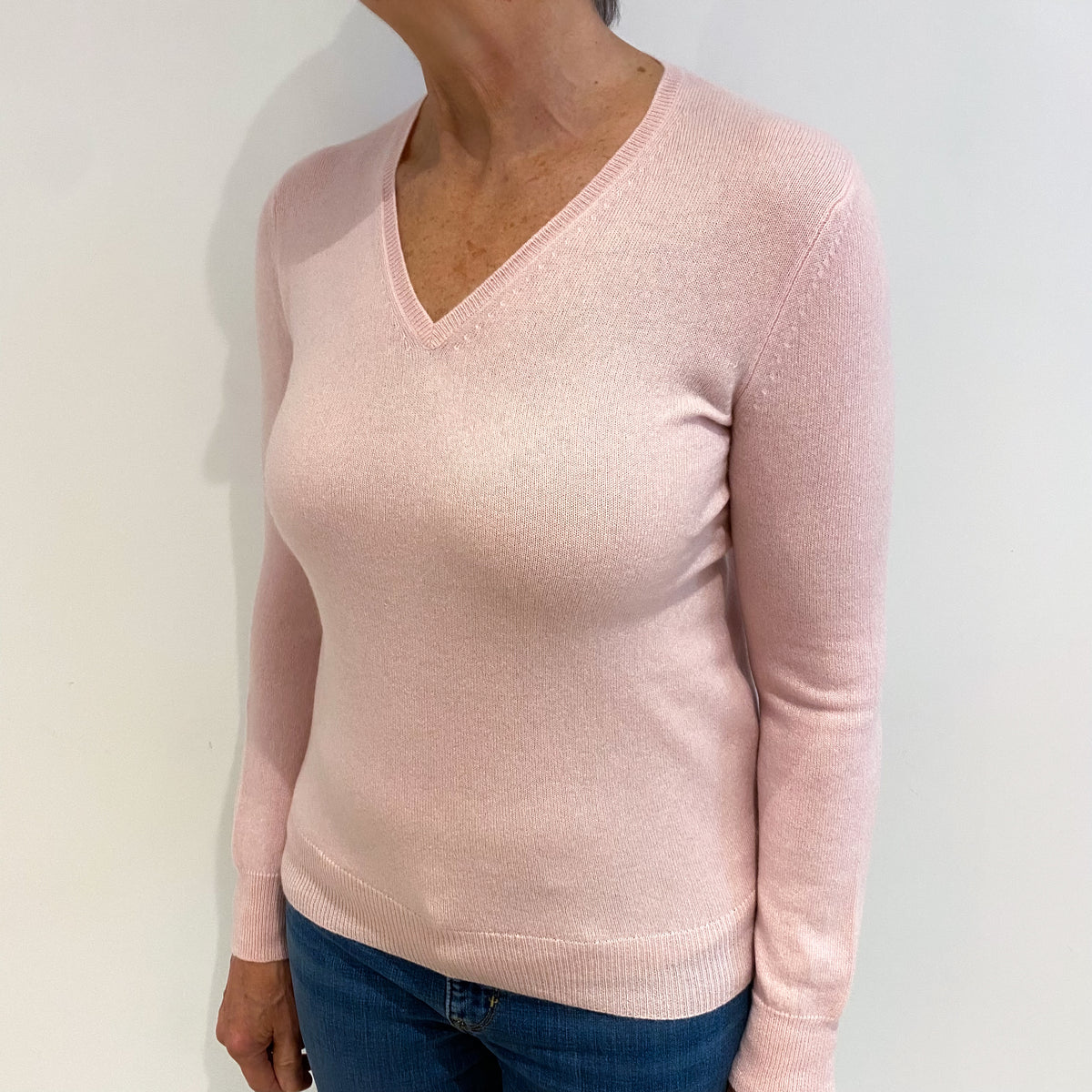 Pale Pink Cashmere V Neck Jumper Medium