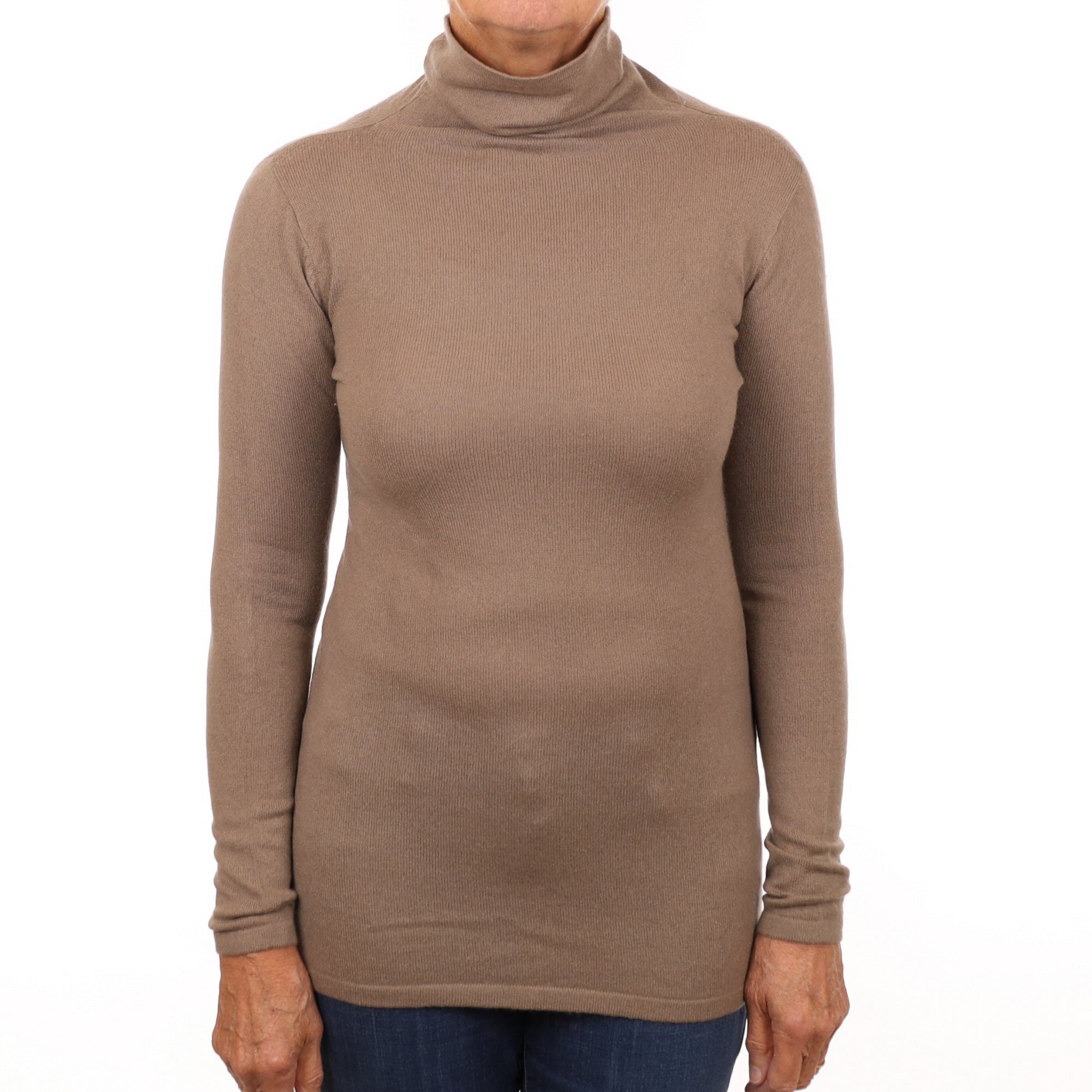 Taupe Brown Cashmere Longline Funnel Neck Jumper Medium