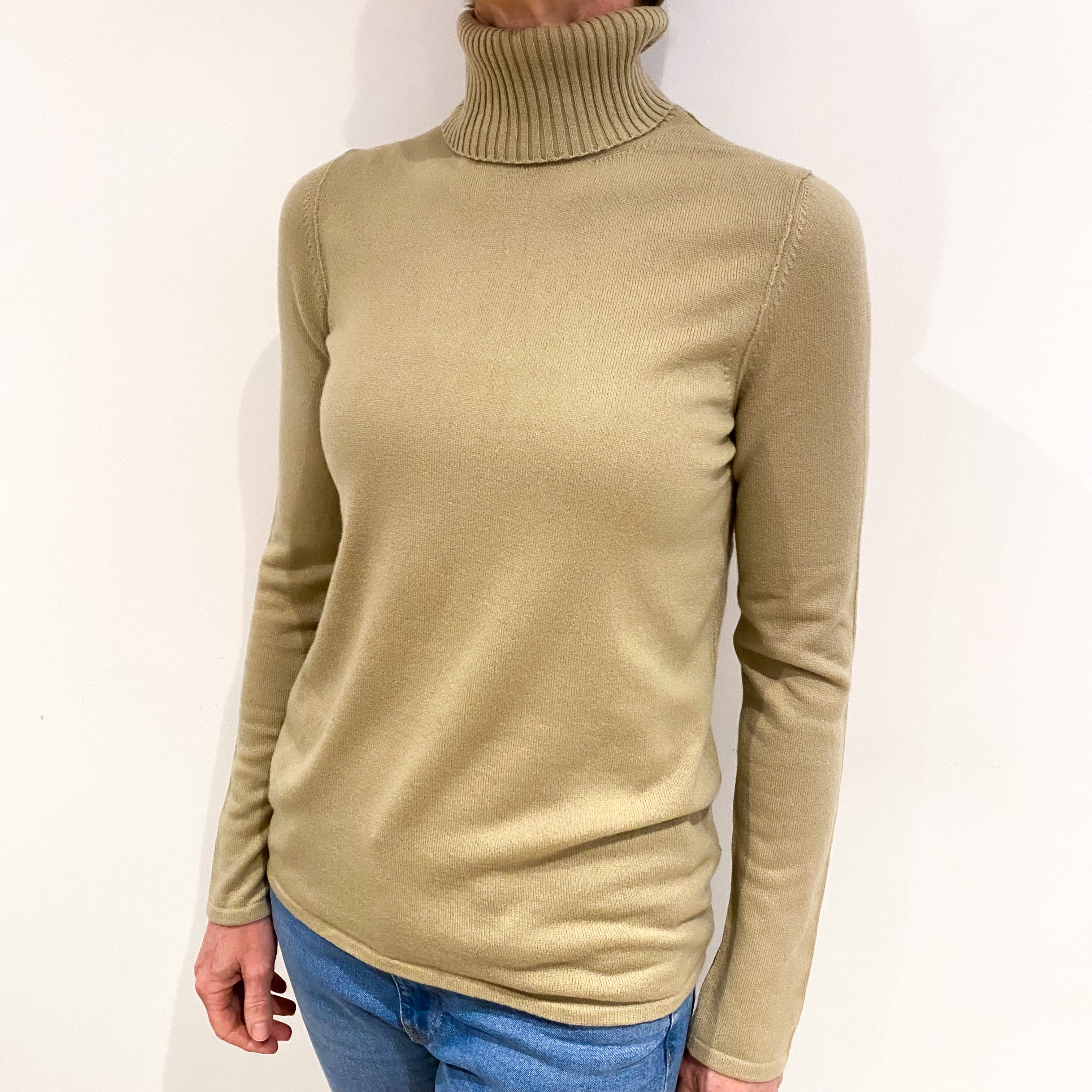 Italian Pale Khaki Green Cashmere Polo Neck Jumper Small