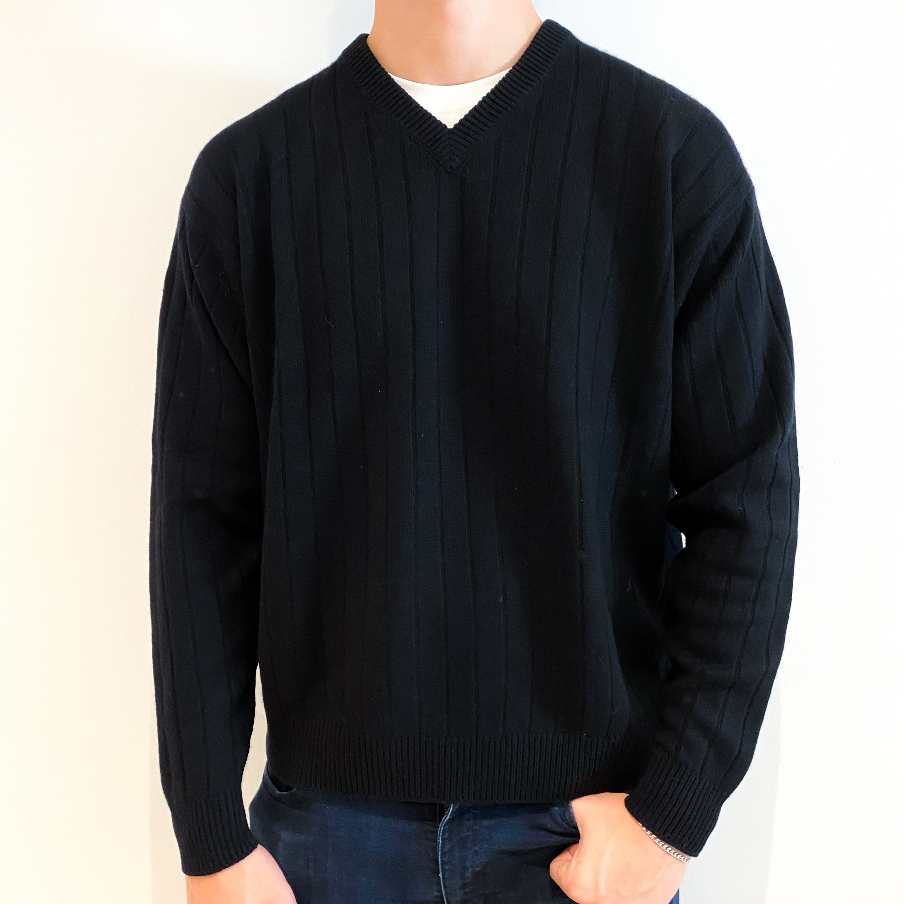 Men's Black Heavy Knit Cashmere V-Neck Jumper Extra Extra Large