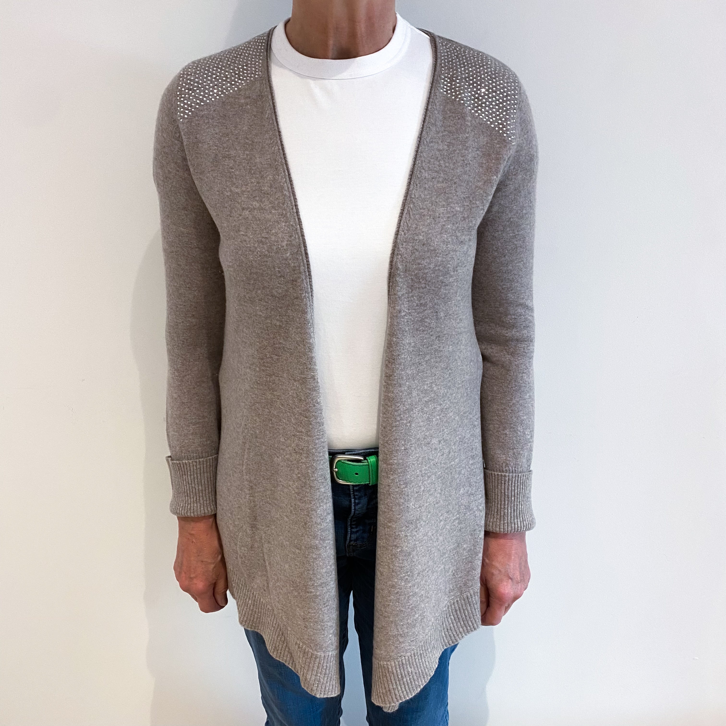 Mink Brown Diamanté Cashmere Edge to Edge Cardigan Medium