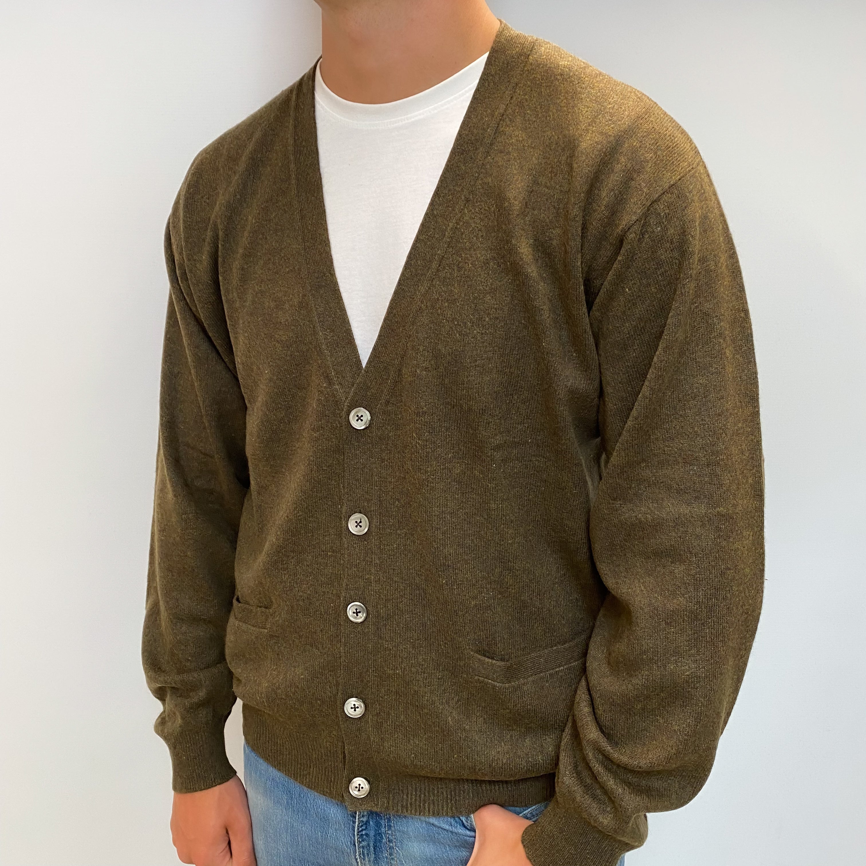 Men's Moss Green Marl Cashmere V Neck Cardigan with Pockets XL