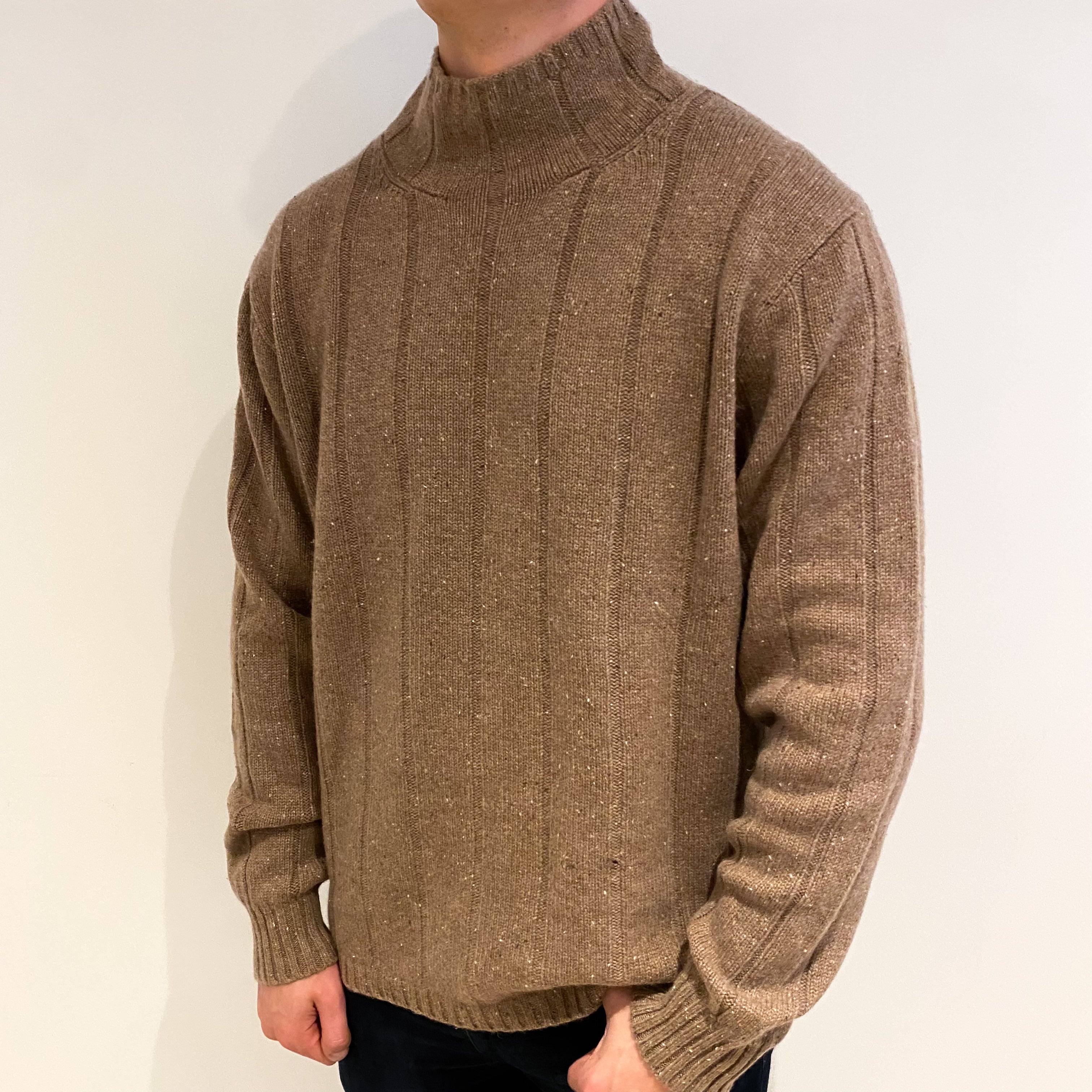 Men's Nutmeg Brown Cashmere Funnel Neck Jumper XL