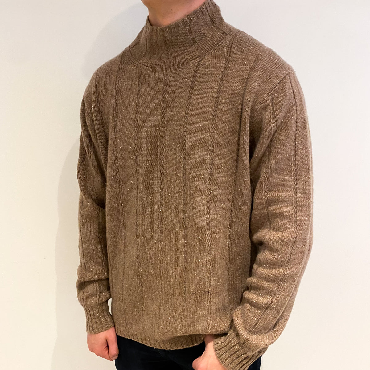 Men's Nutmeg Brown Cashmere Funnel Neck Jumper XL