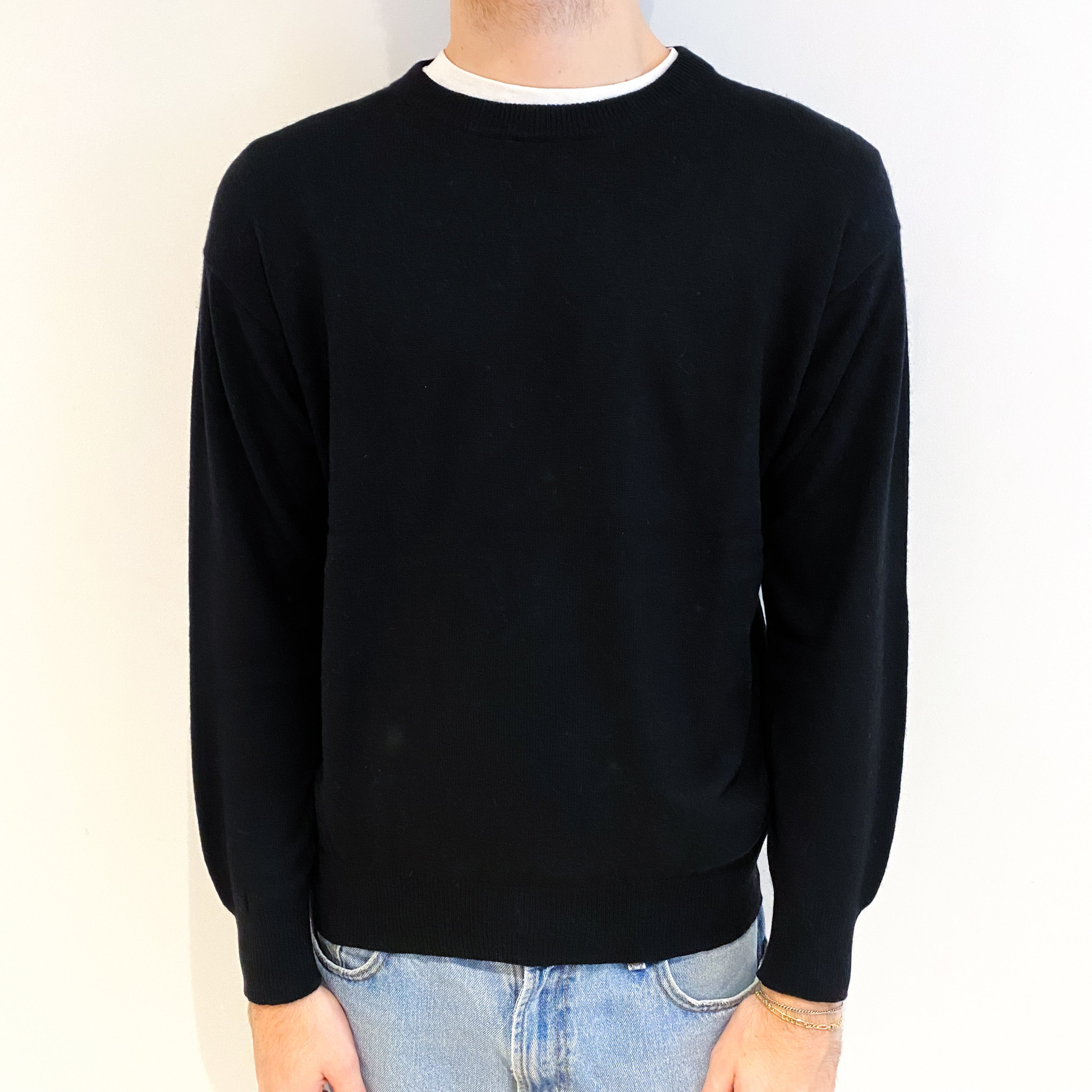 Men's Black Cashmere Crew Neck Jumper Large