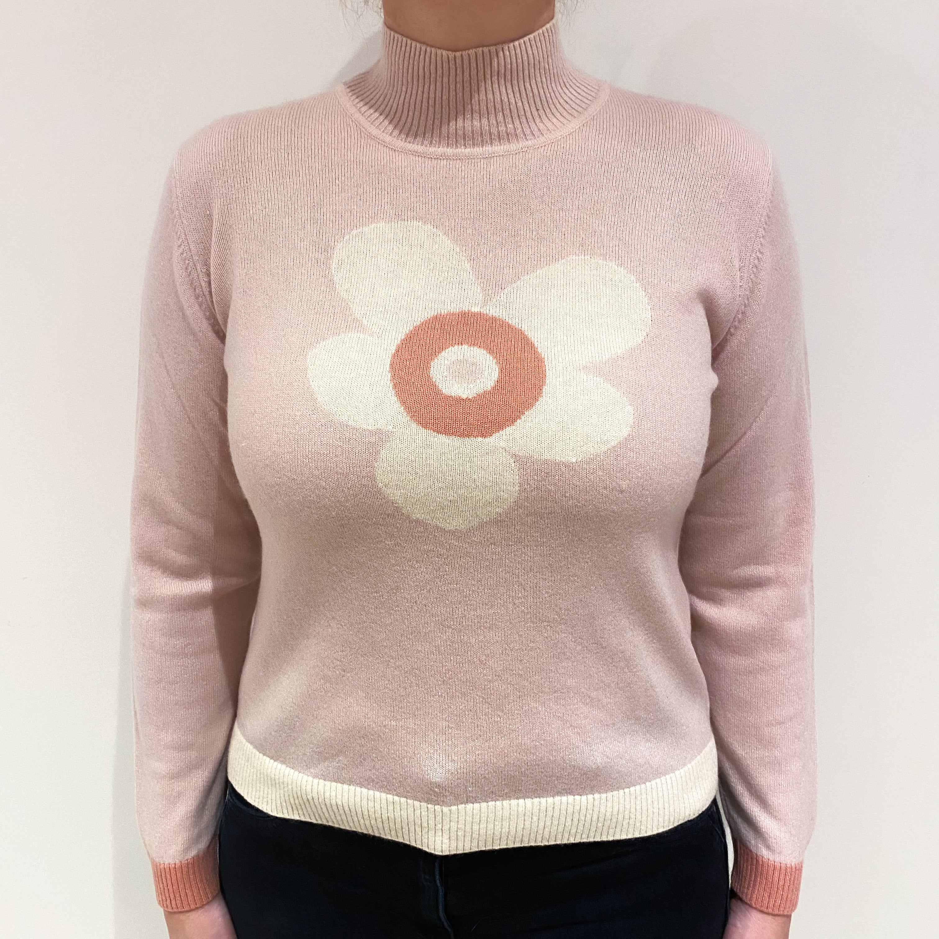 Ice Pink Flower Cashmere Turtle Neck Jumper Large
