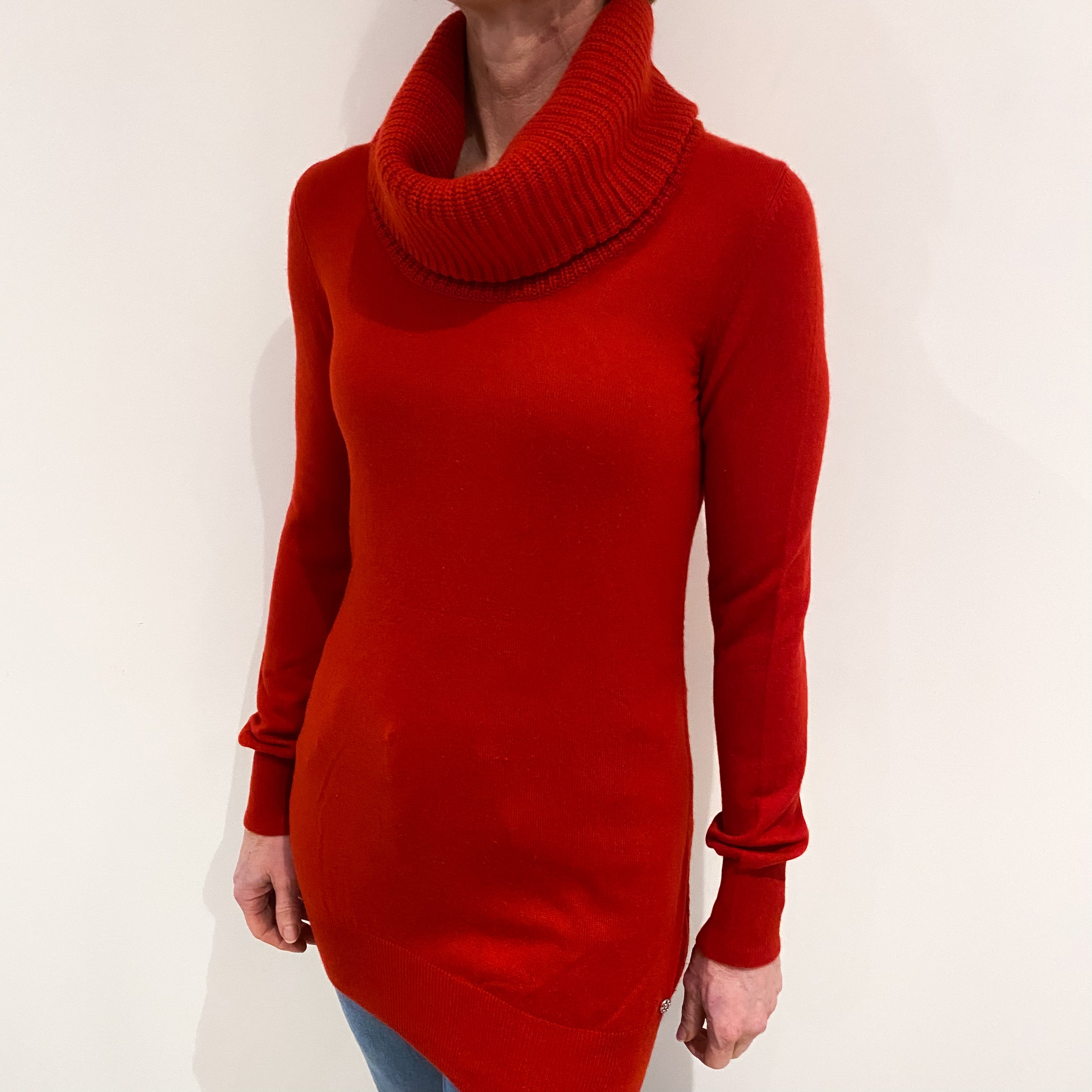 Spanish Red Cashmere Polo Neck Tunic Jumper Small
