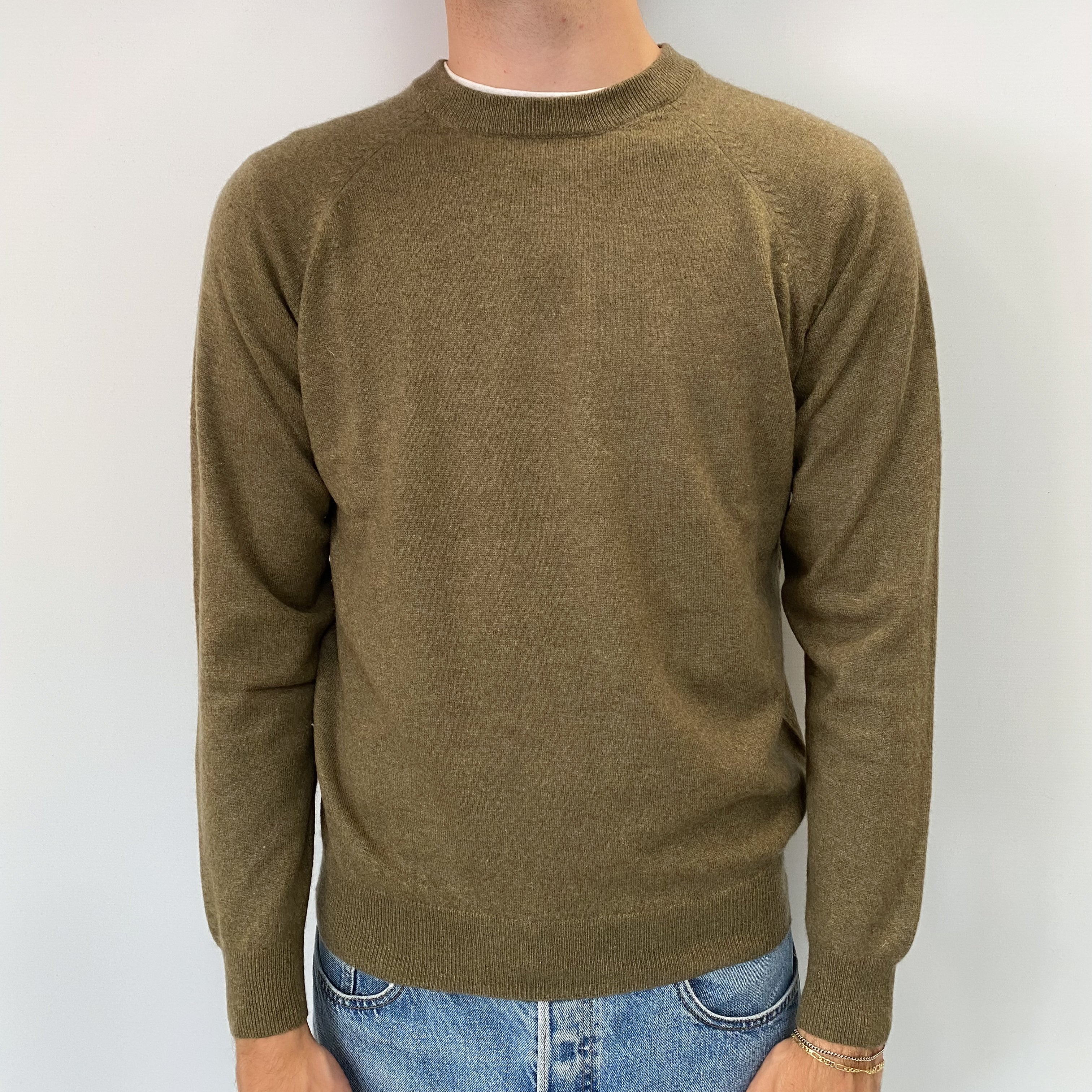 Men's Light Khaki Cashmere Crew Neck Jumper Medium
