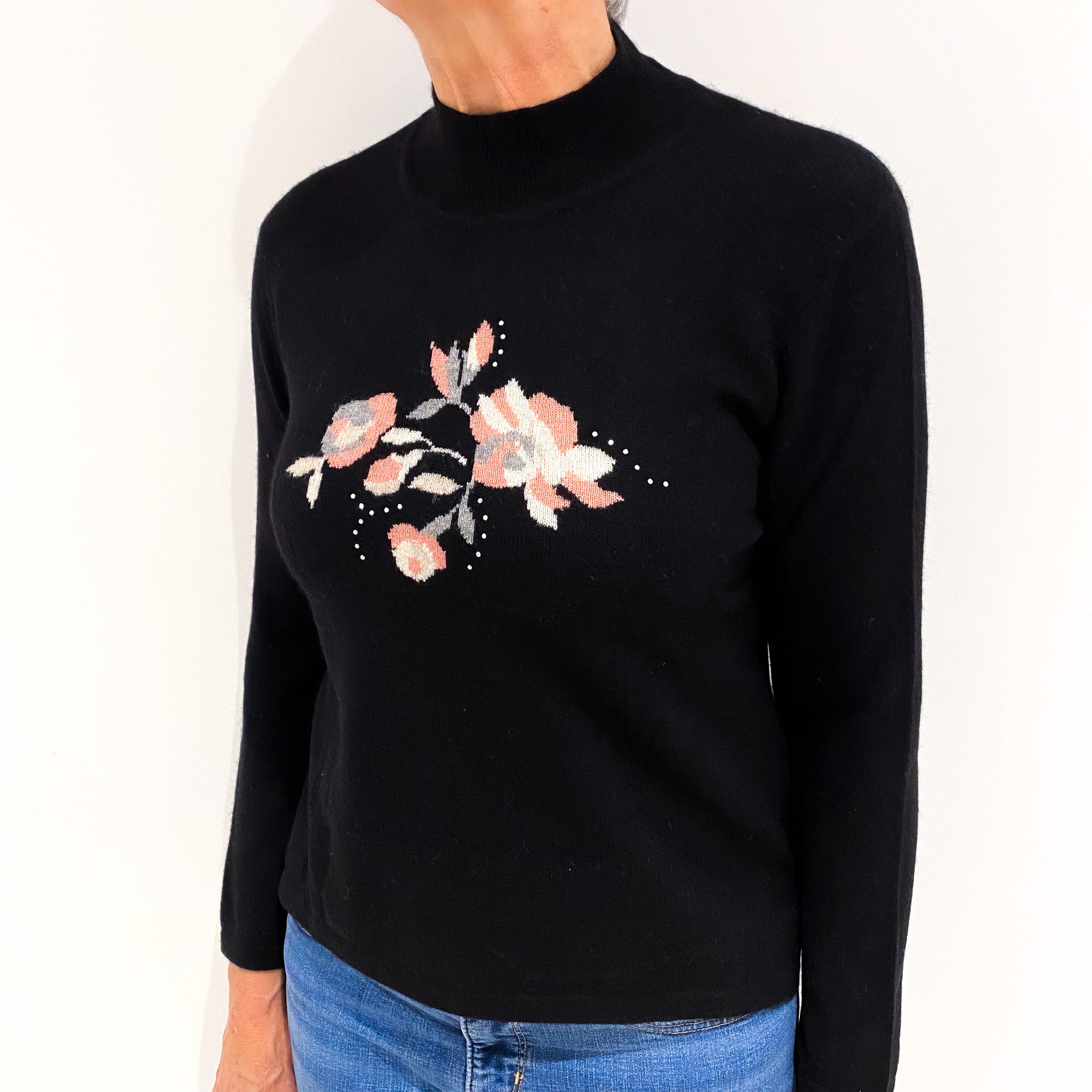 Black Flower Design Cashmere Turtle Neck Jumper Medium