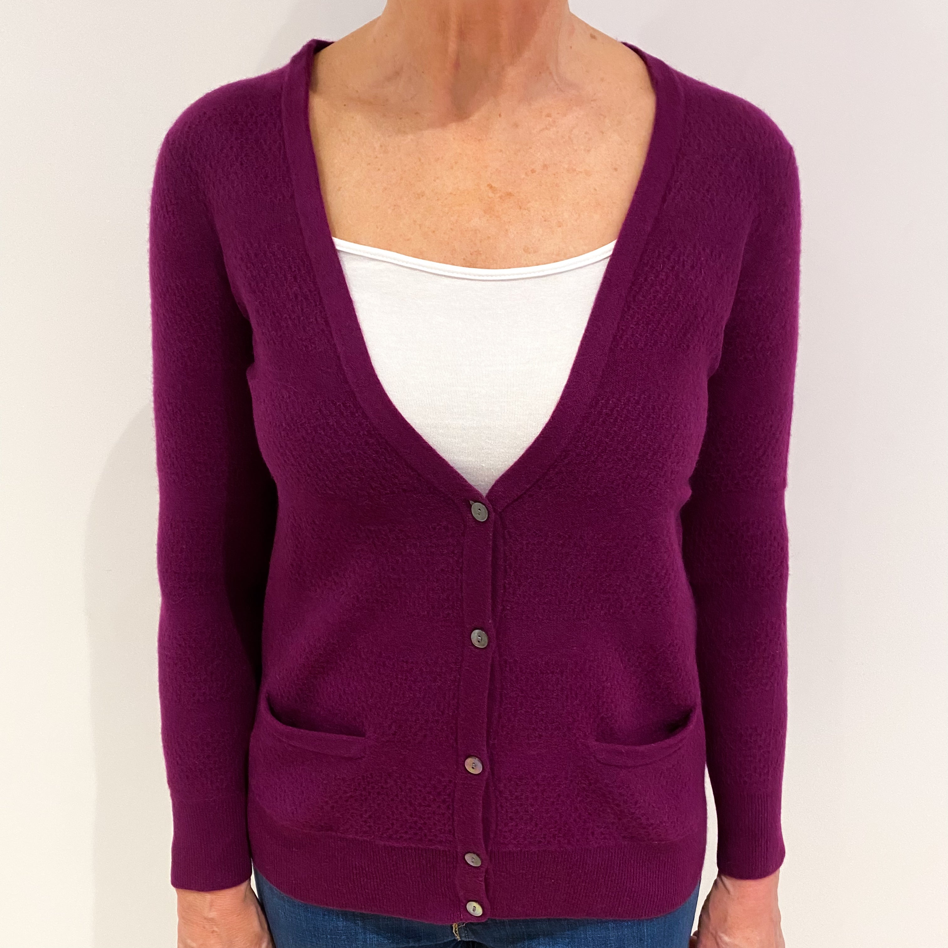 Plum Purple Cashmere V Neck Cardigan Medium