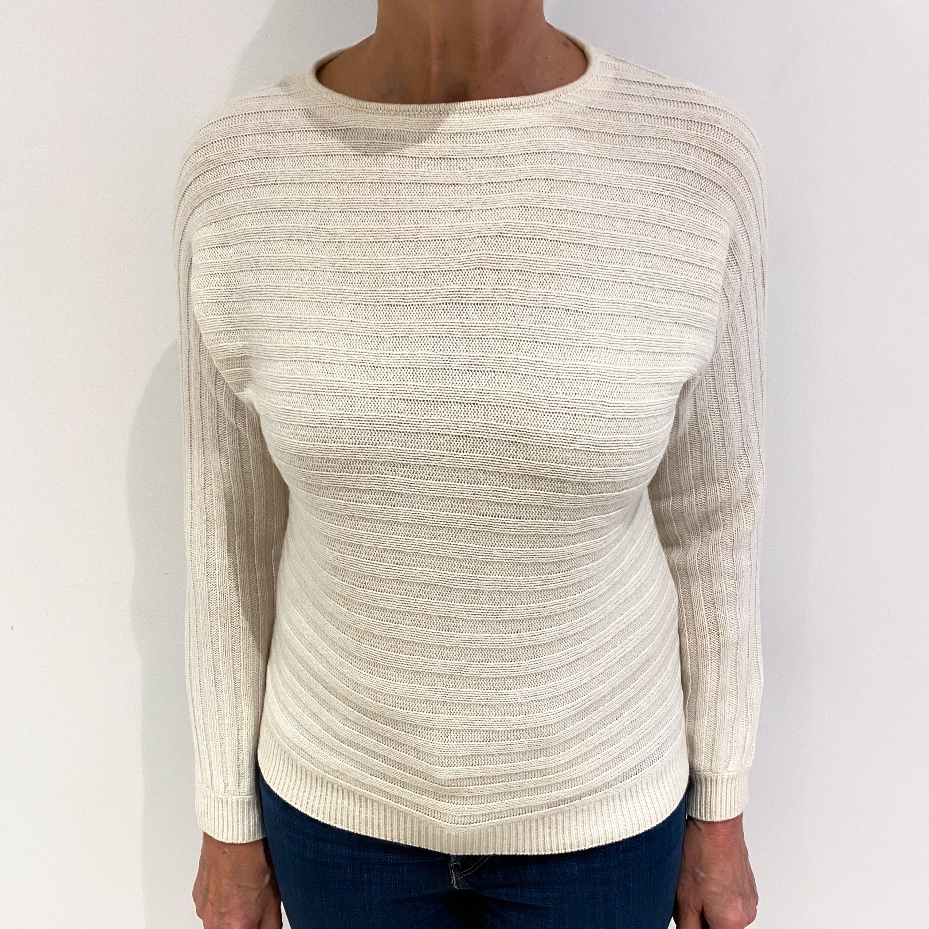 Karl Lagerfield Cream Rib Cashmere Batwing Crew Neck Jumper Medium