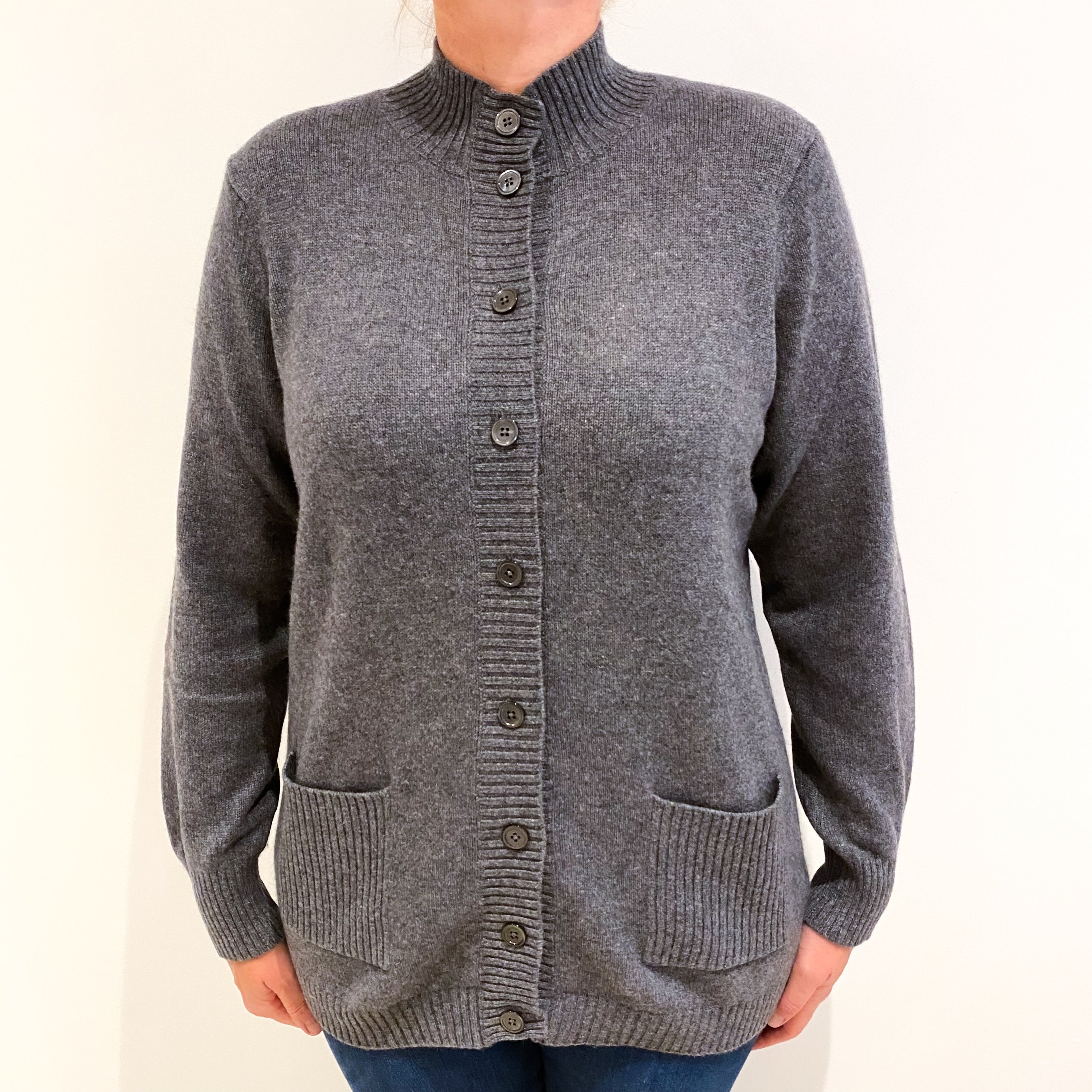 Orvis Slate Grey Heavy Knit Cashmere High Neck Cardigan Large