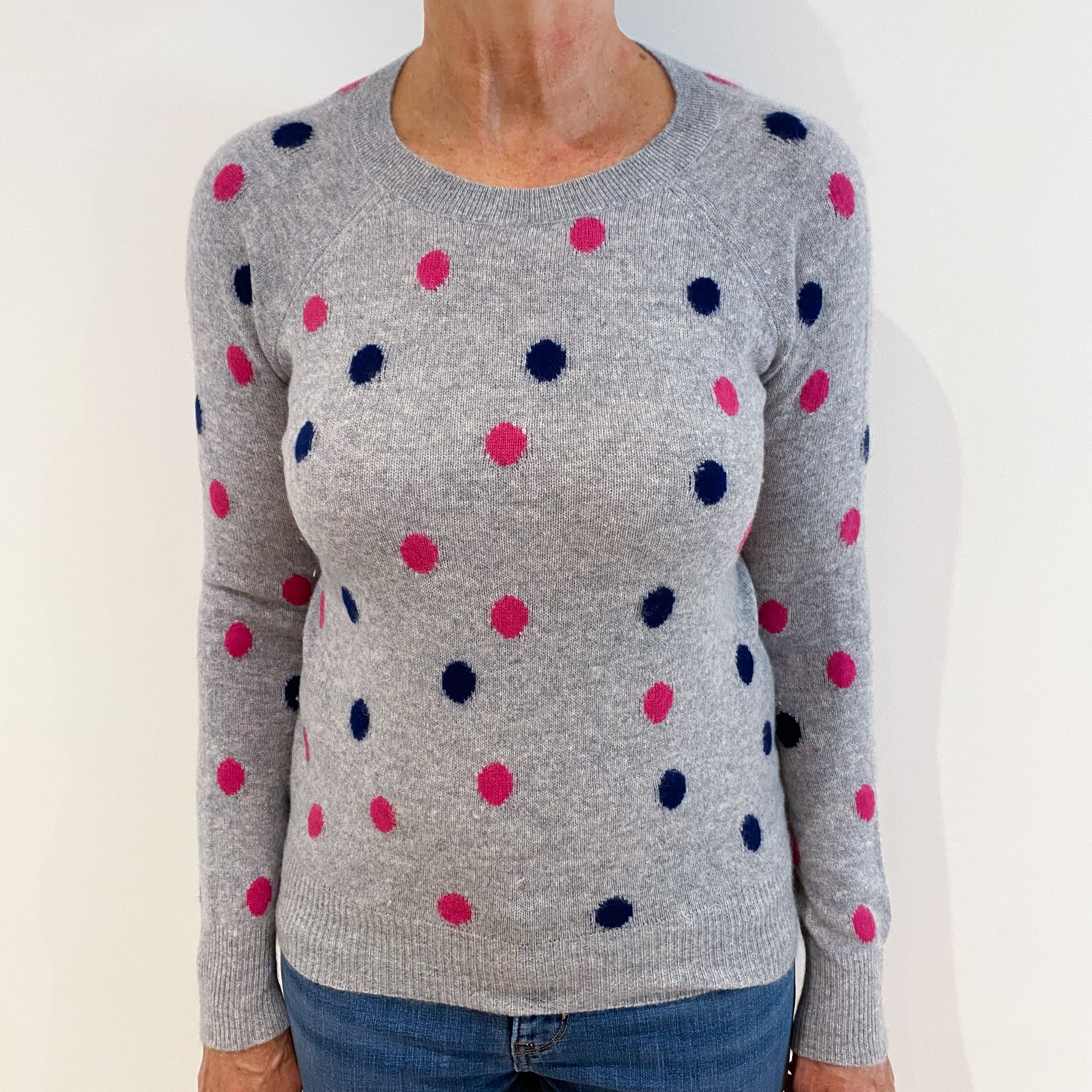 Smoke Grey Spotted Cashmere Crew Neck Jumper Medium