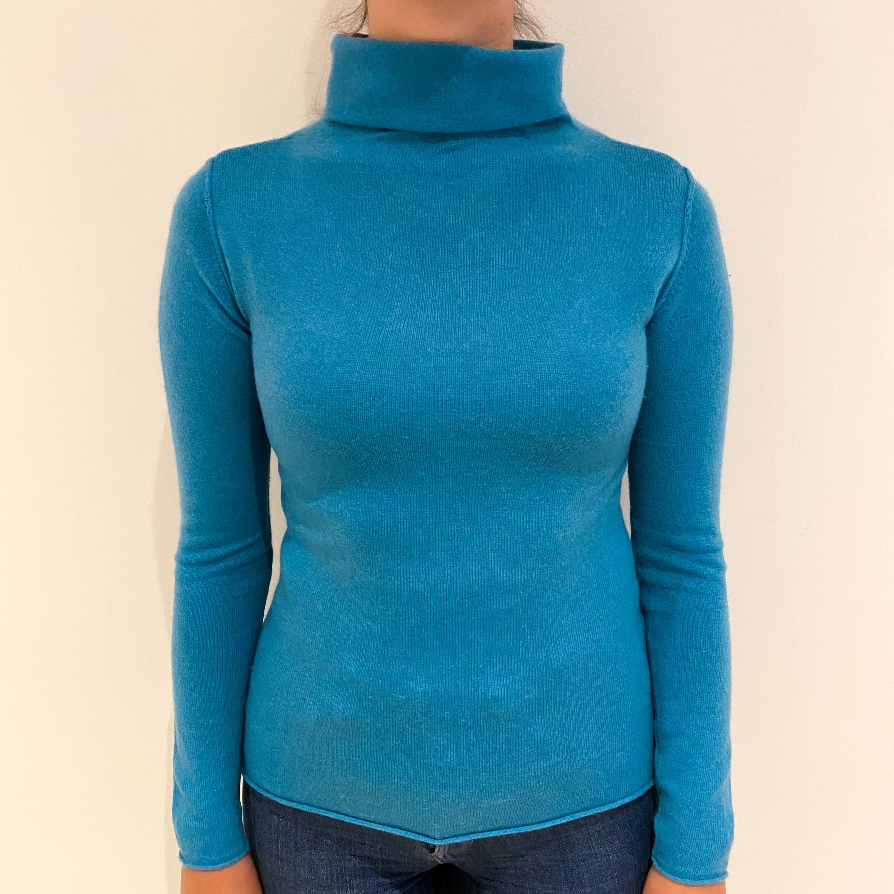 Turquoise Blue Cashmere Funnel Neck Jumper Small