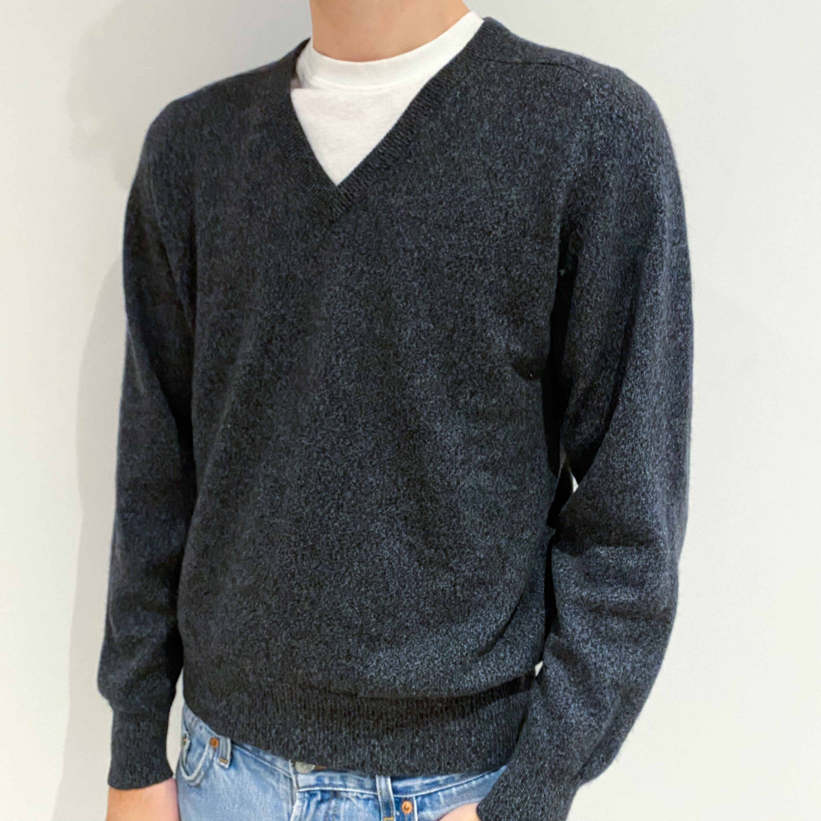 Men's Charcoal Grey Marl Cashmere V-Neck Jumper Large