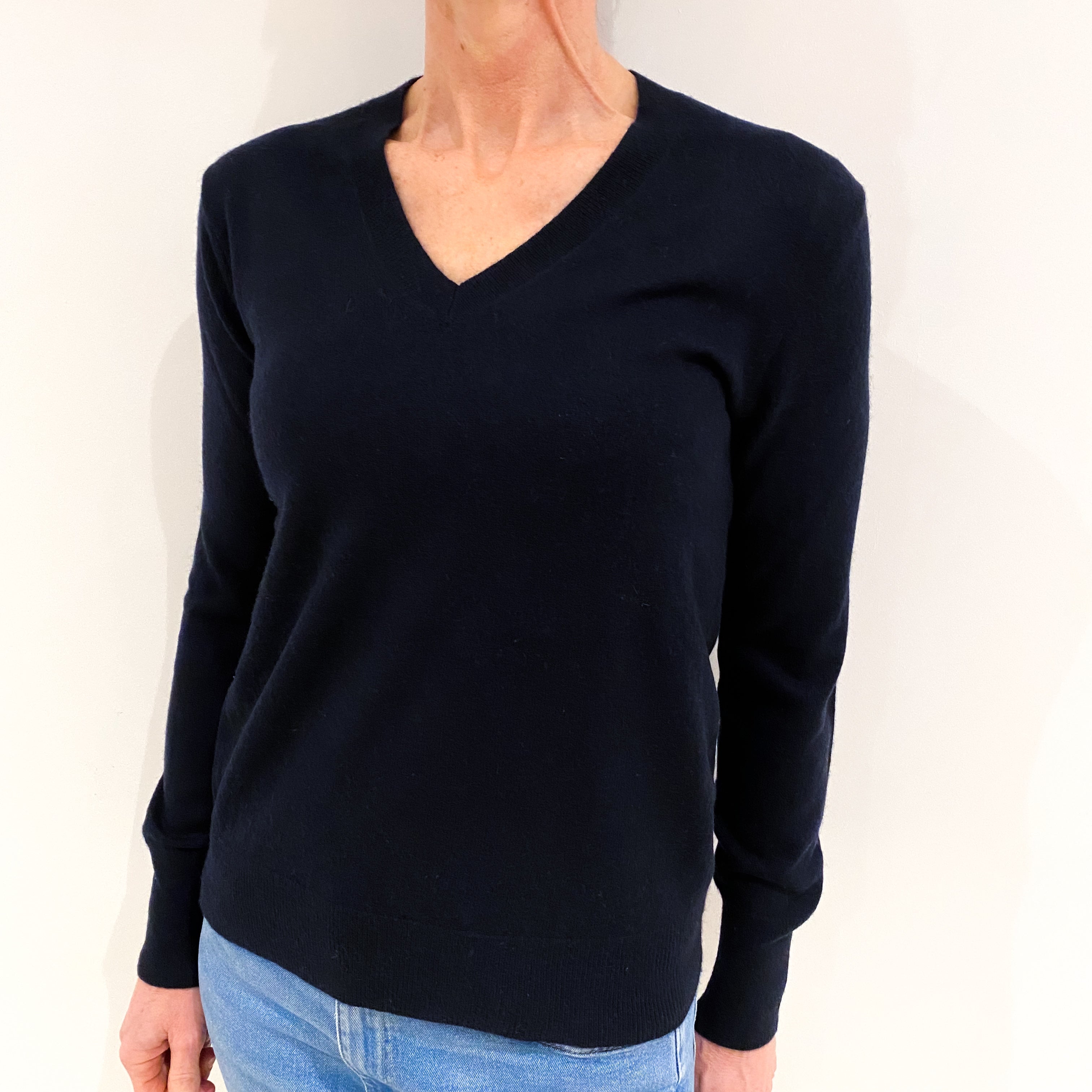 Navy Blue Cashmere V Neck Jumper Small