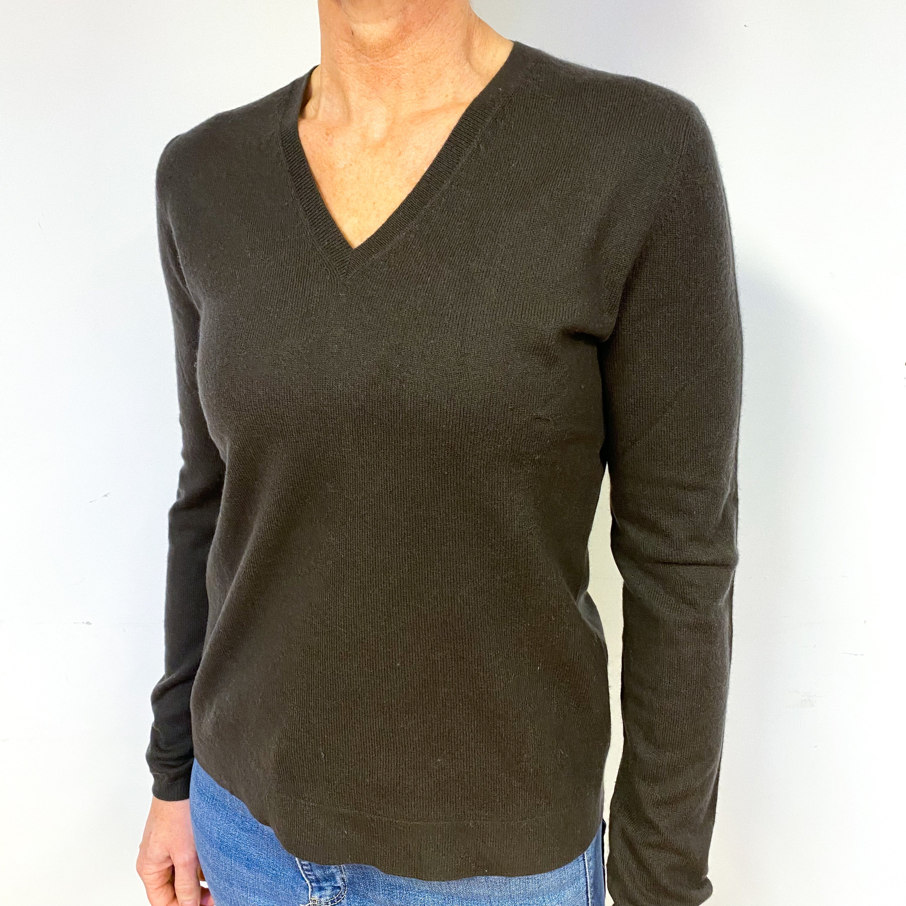 Chocolate Brown Cashmere V-Neck Jumper Medium