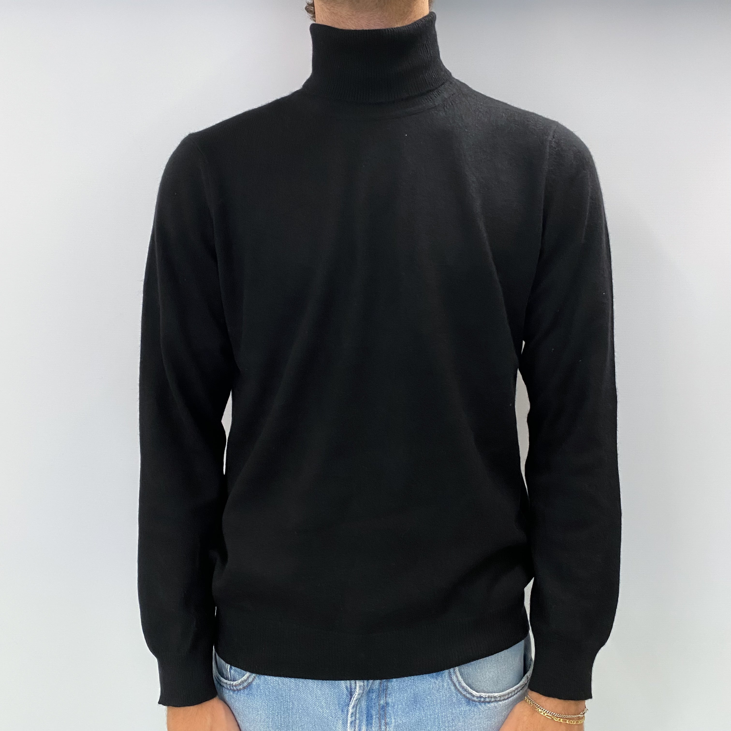 Men's Black Cashmere Polo Neck Jumper Medium