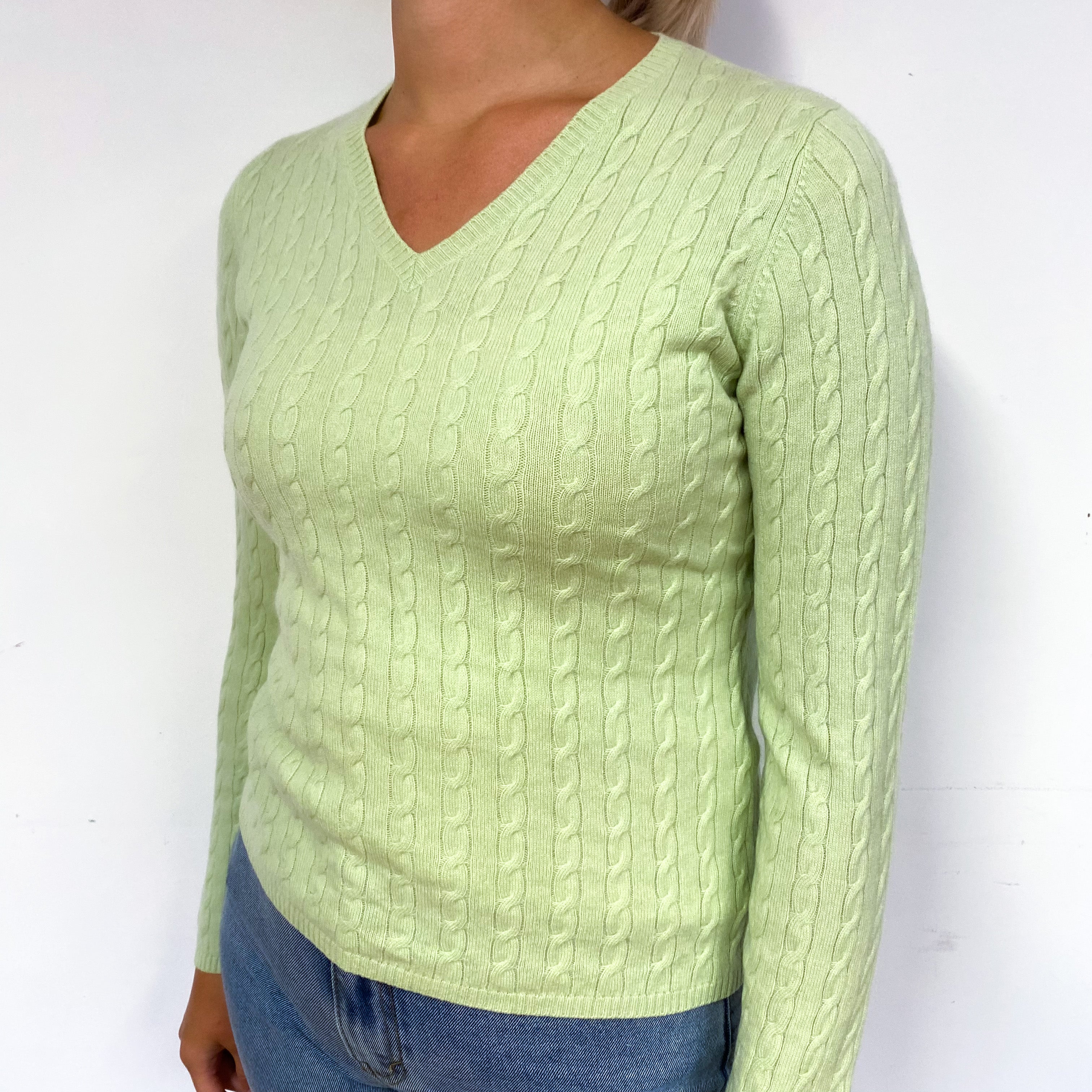 Celery Green Cashmere V-Neck Jumper Small