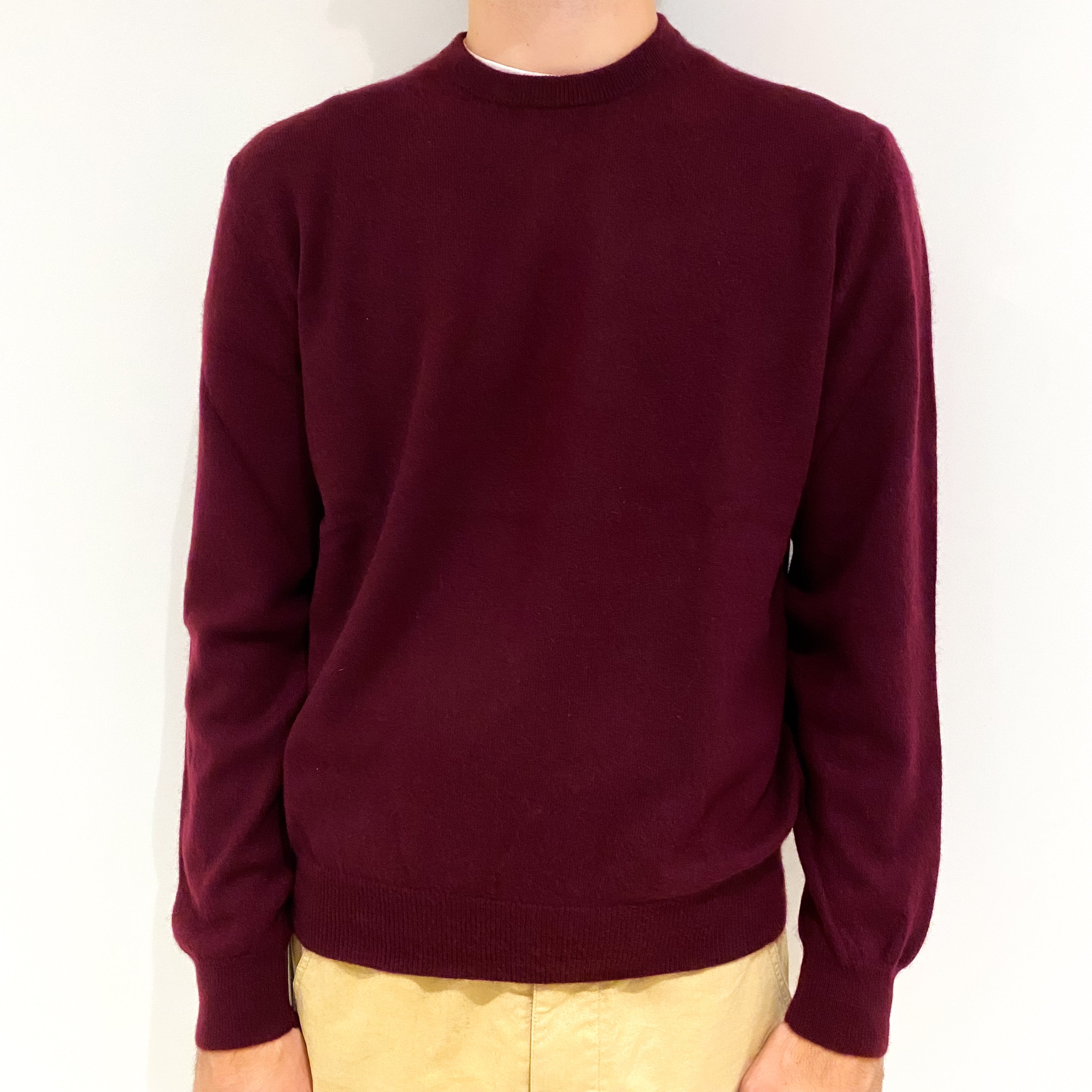 Men's Burgundy Red Cashmere Crew Neck Jumper Large