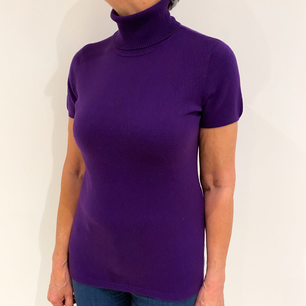 Electric Purple Cashmere Polo Neck Short Sleeved Jumper Medium