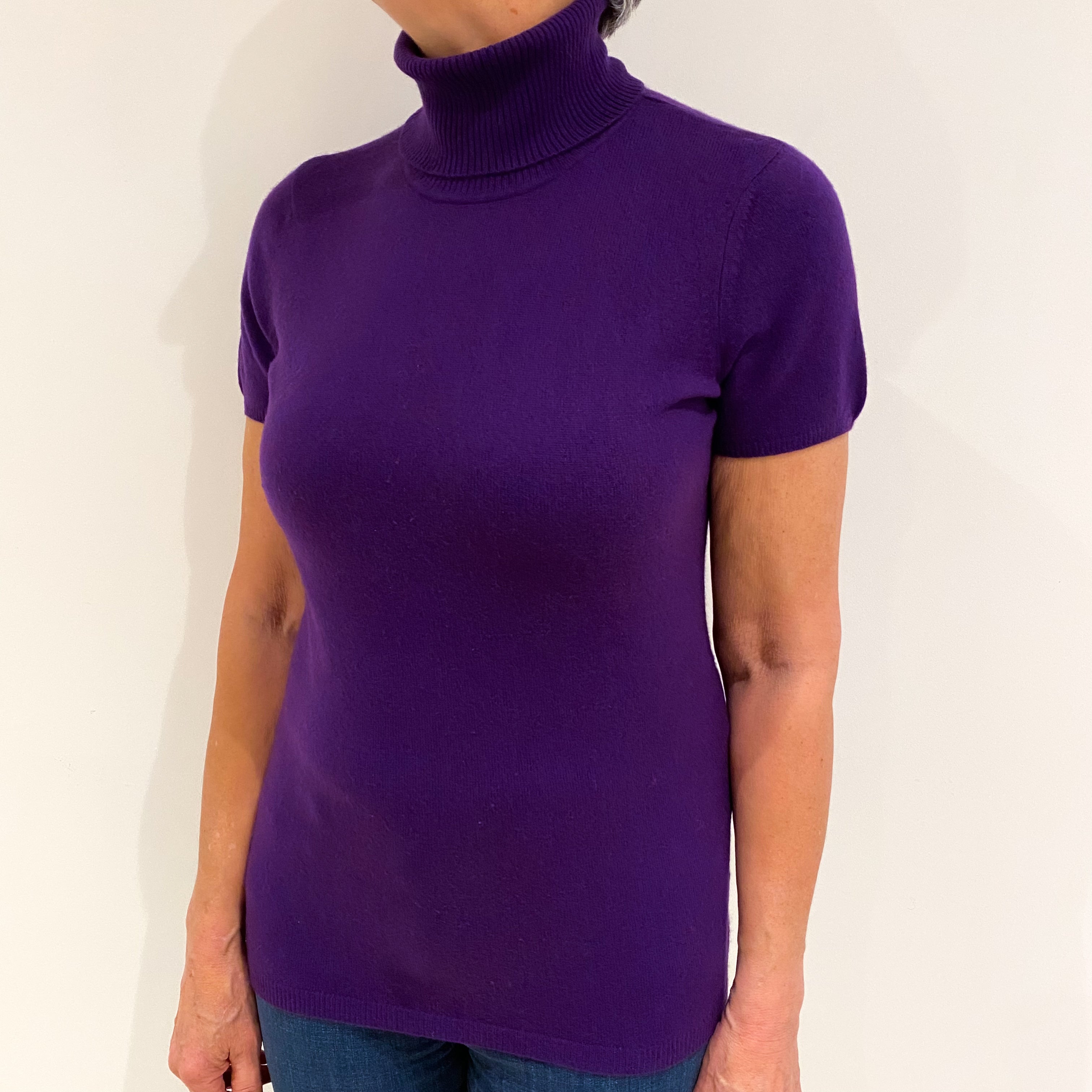 Electric Purple Cashmere Polo Neck Short Sleeved Jumper Medium