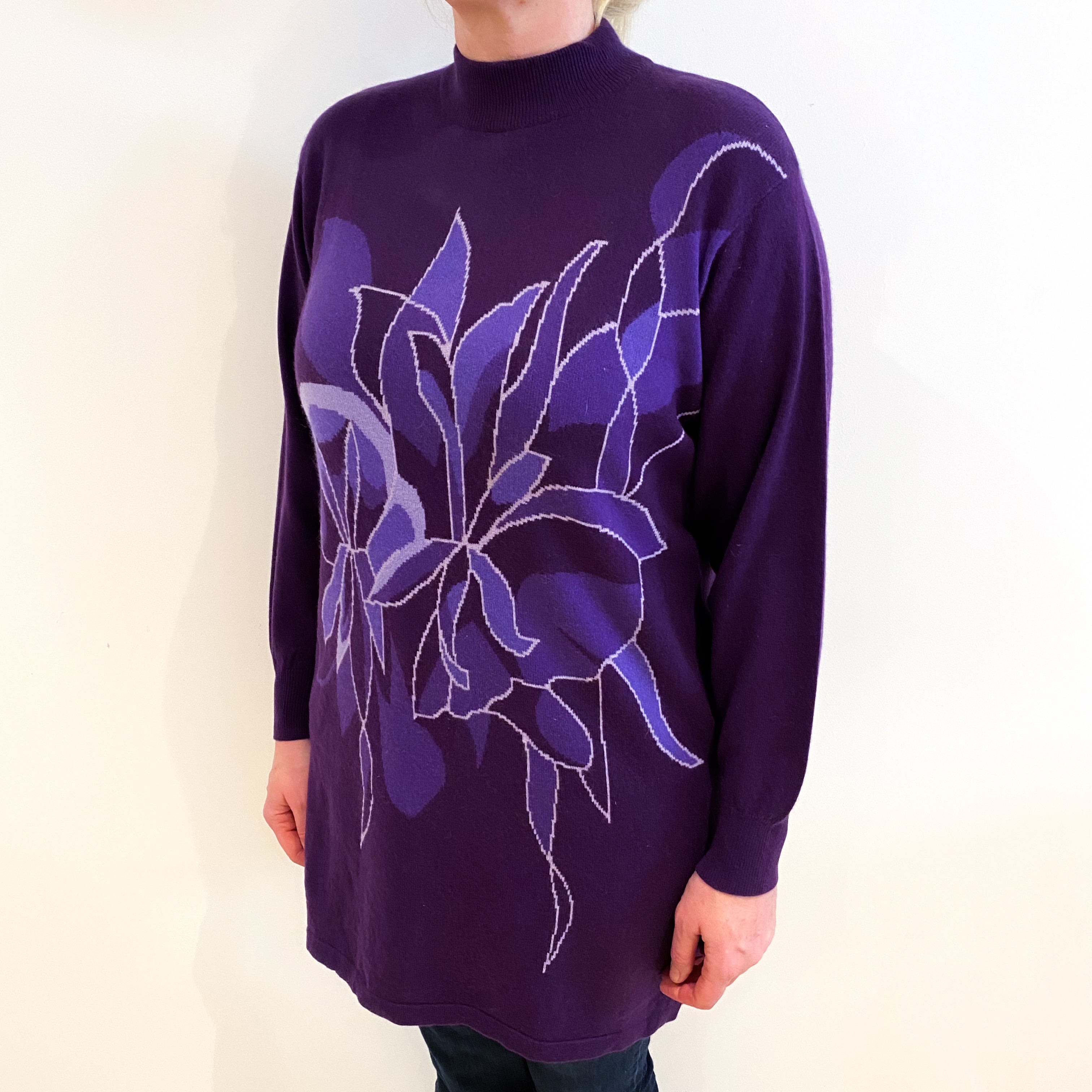 Pansy Purple Floral Cashmere Turtle Neck Tunic Jumper Large