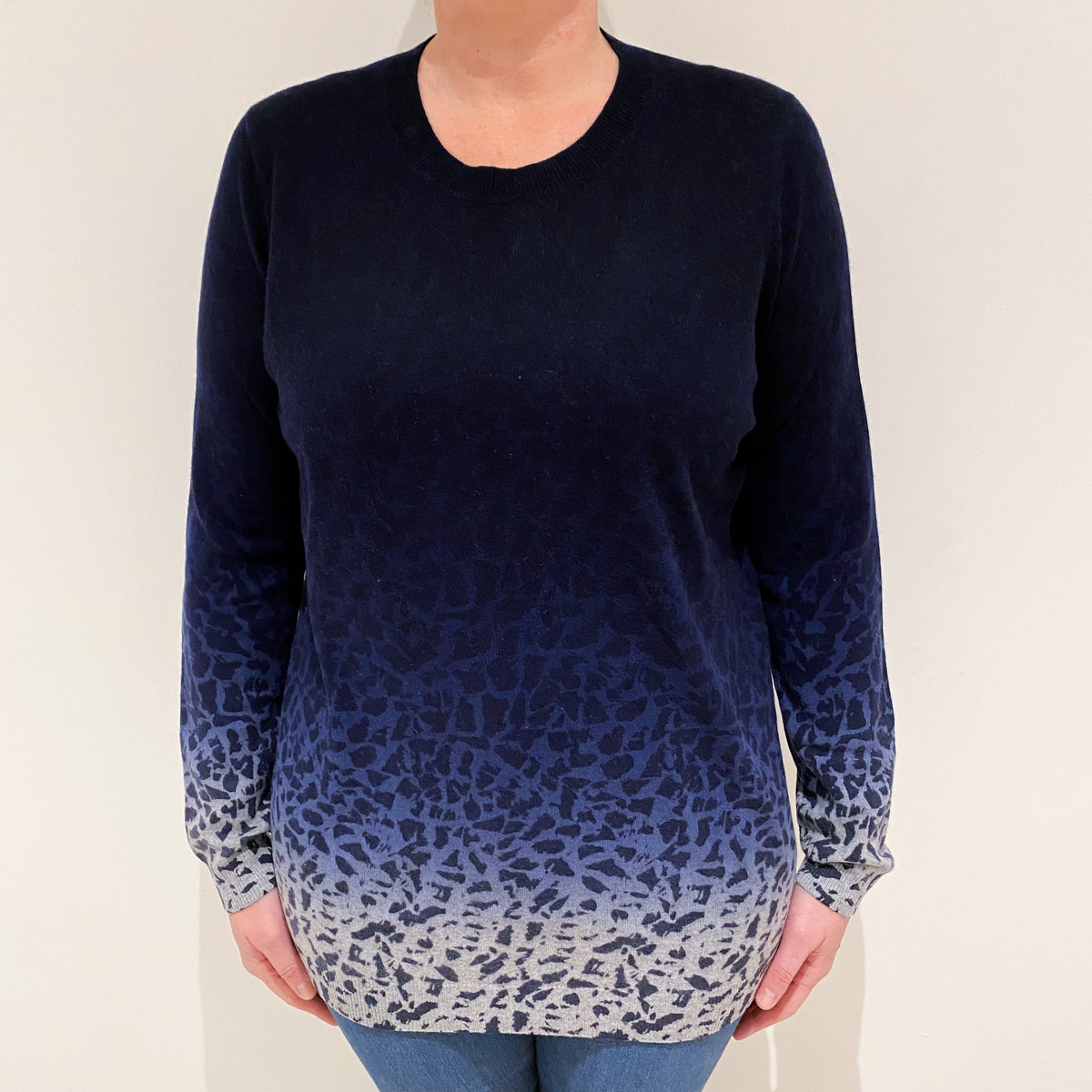 Navy Ombré Patterned Cashmere Crew Neck Jumper Large