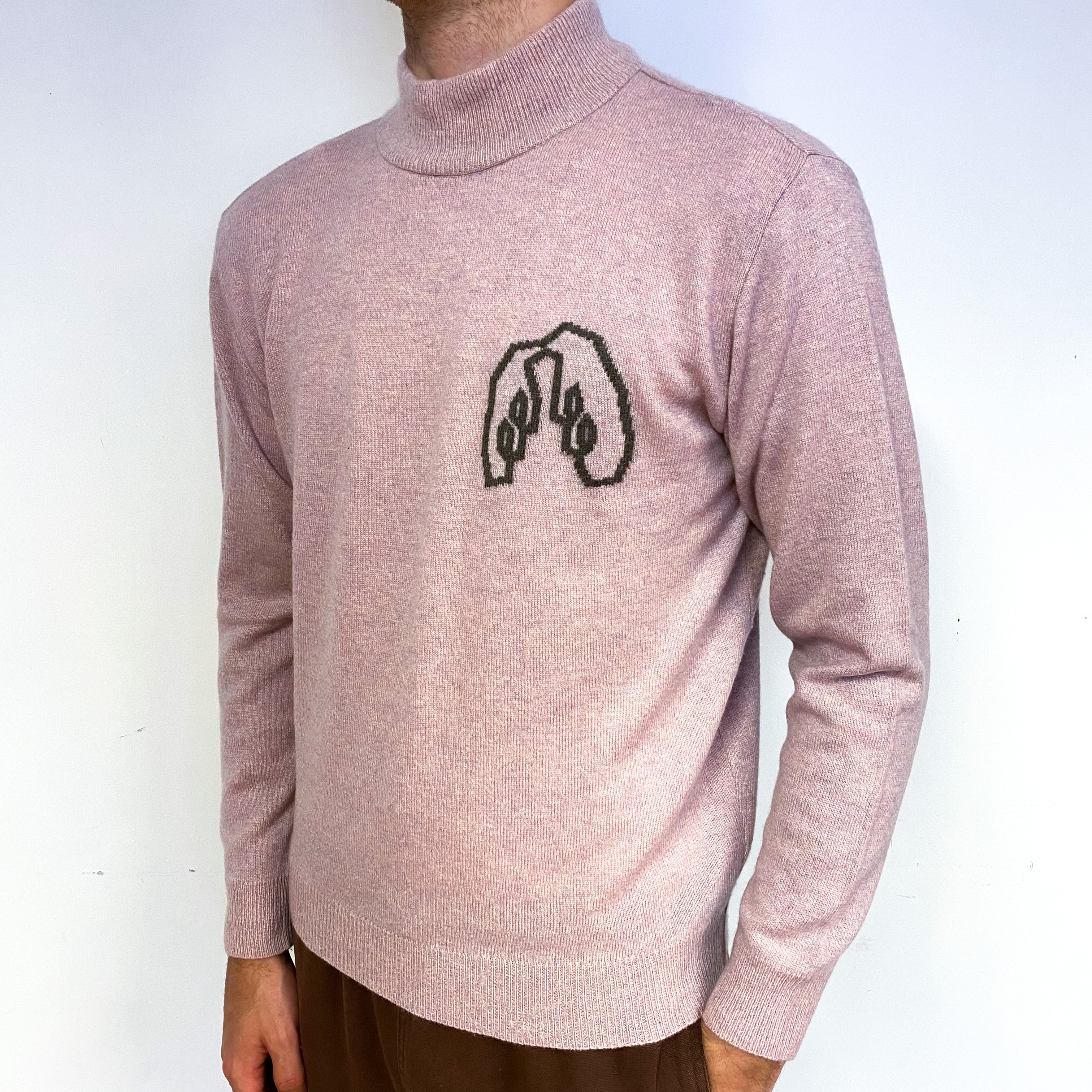 Men's Mauve Pink Animal Motif Cashmere Turtle Neck Jumper Large