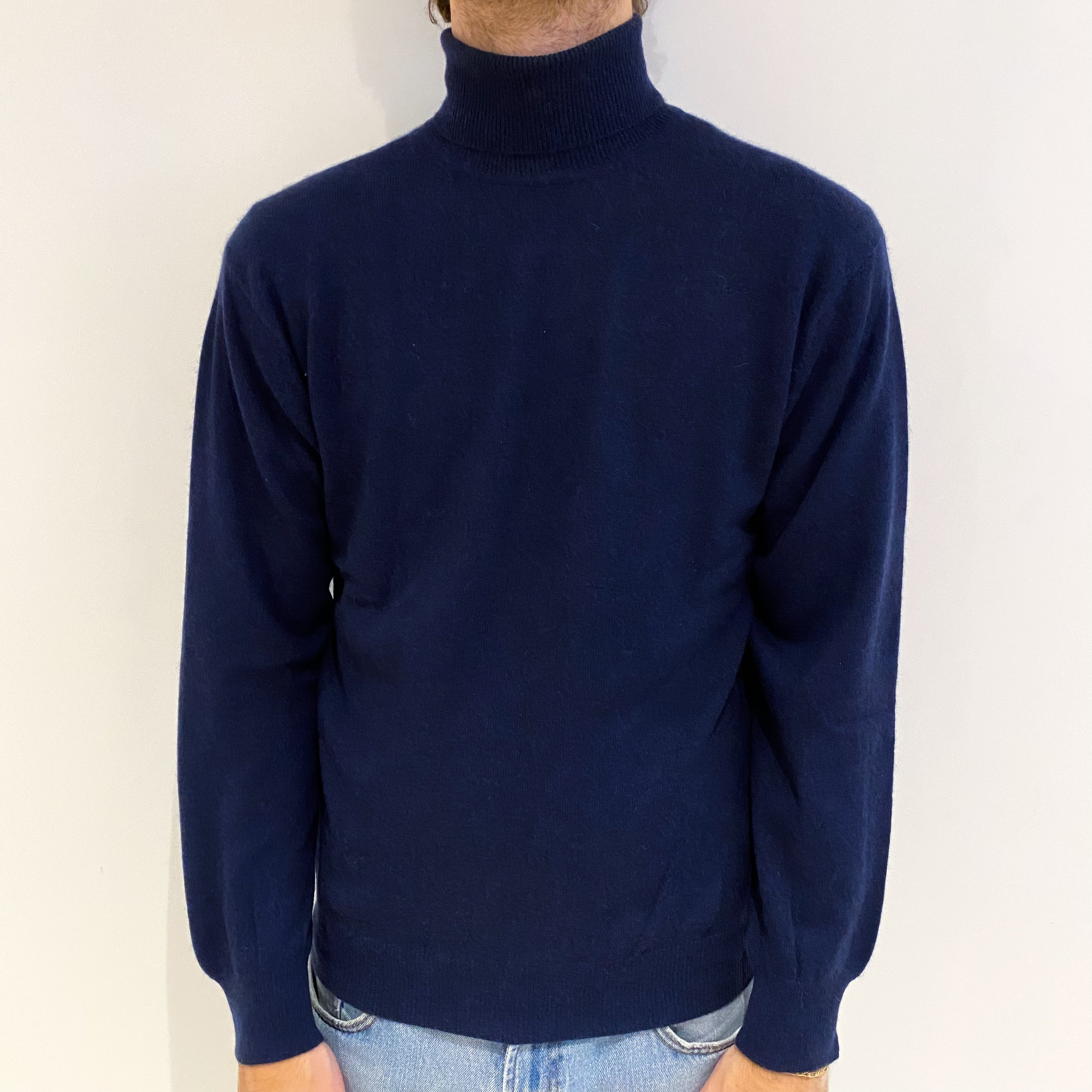 Men's French Navy Cashmere Polo Neck Jumper Medium