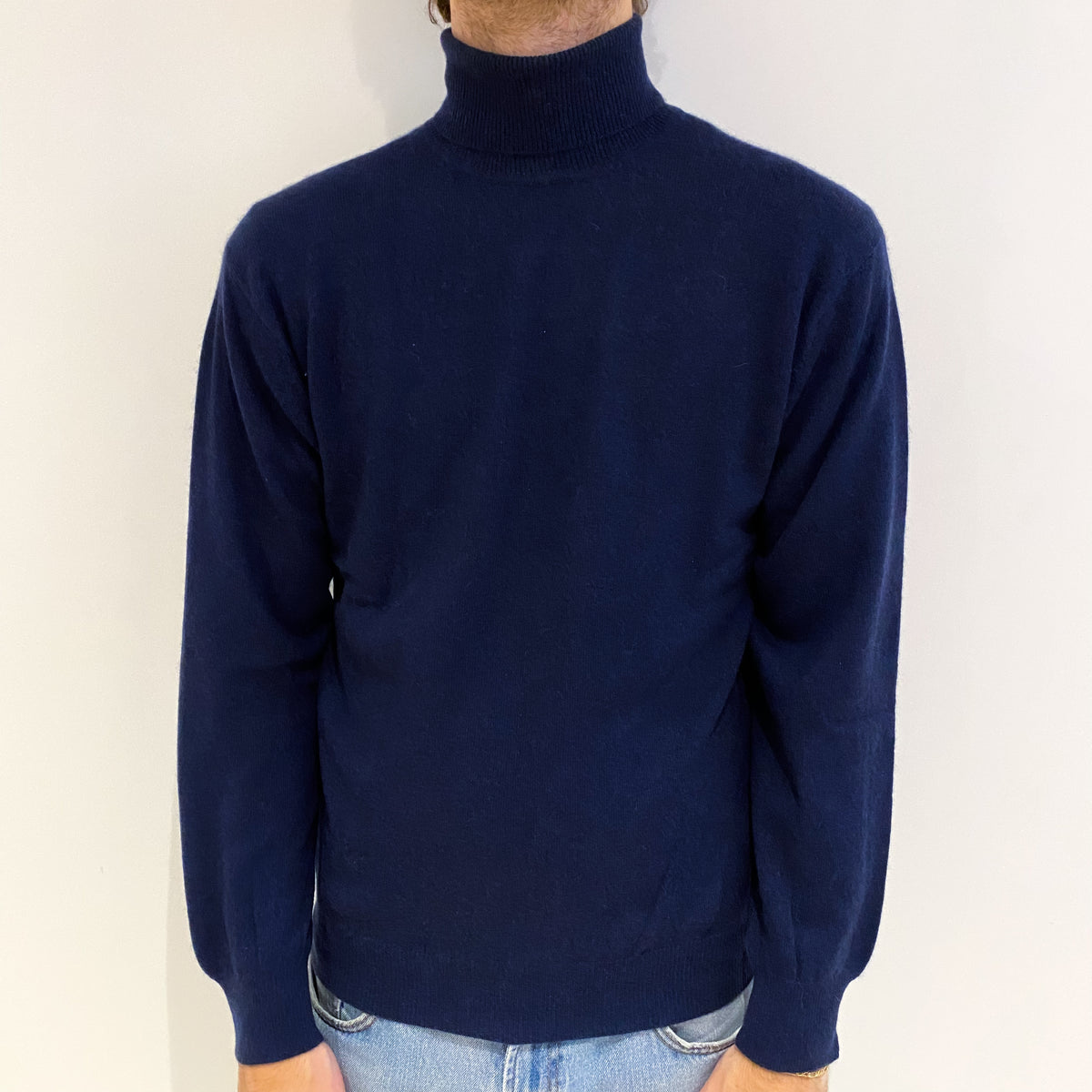 Men's French Navy Cashmere Polo Neck Jumper Medium