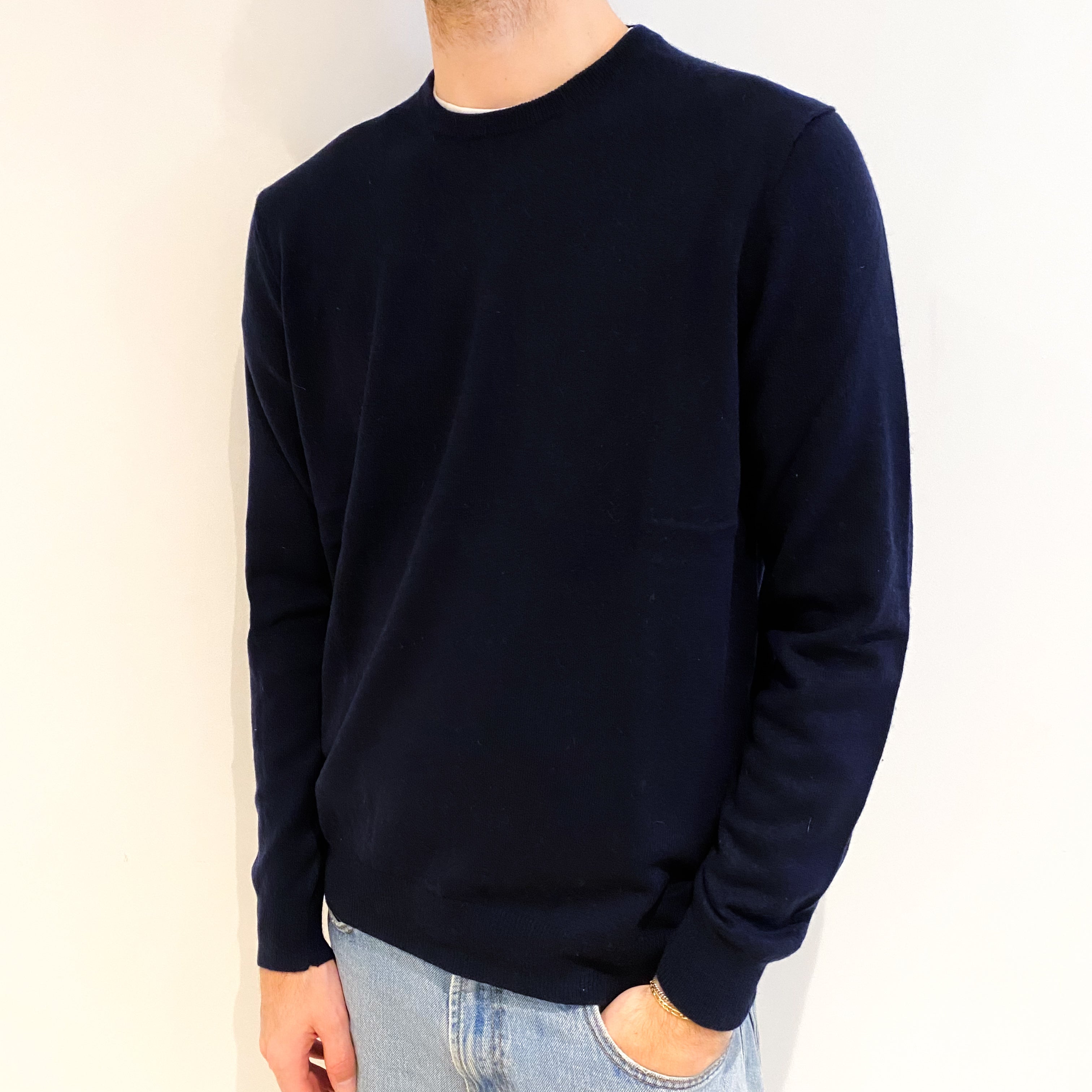 Men's Navy Blue Cashmere Crew Neck Jumper Large