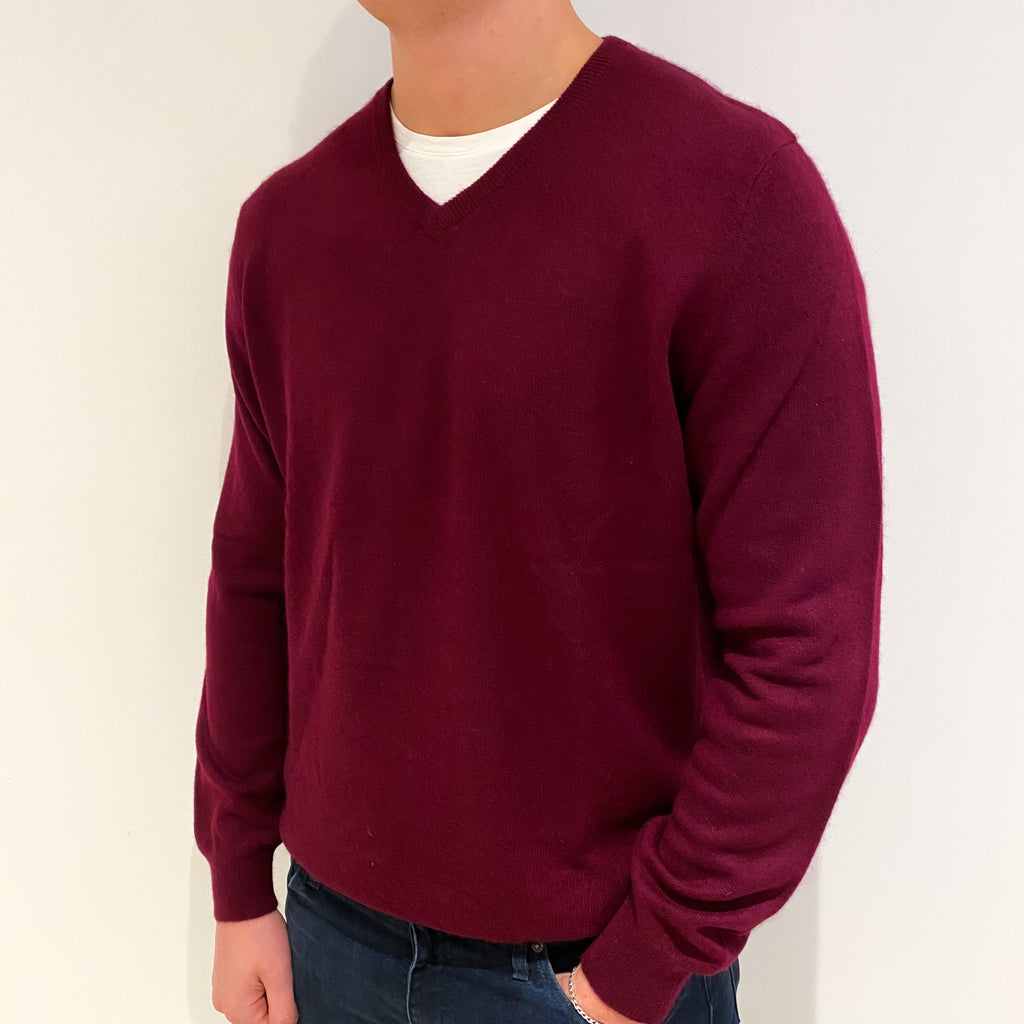 Men's Wine Red Cashmere V Neck Jumper XL
