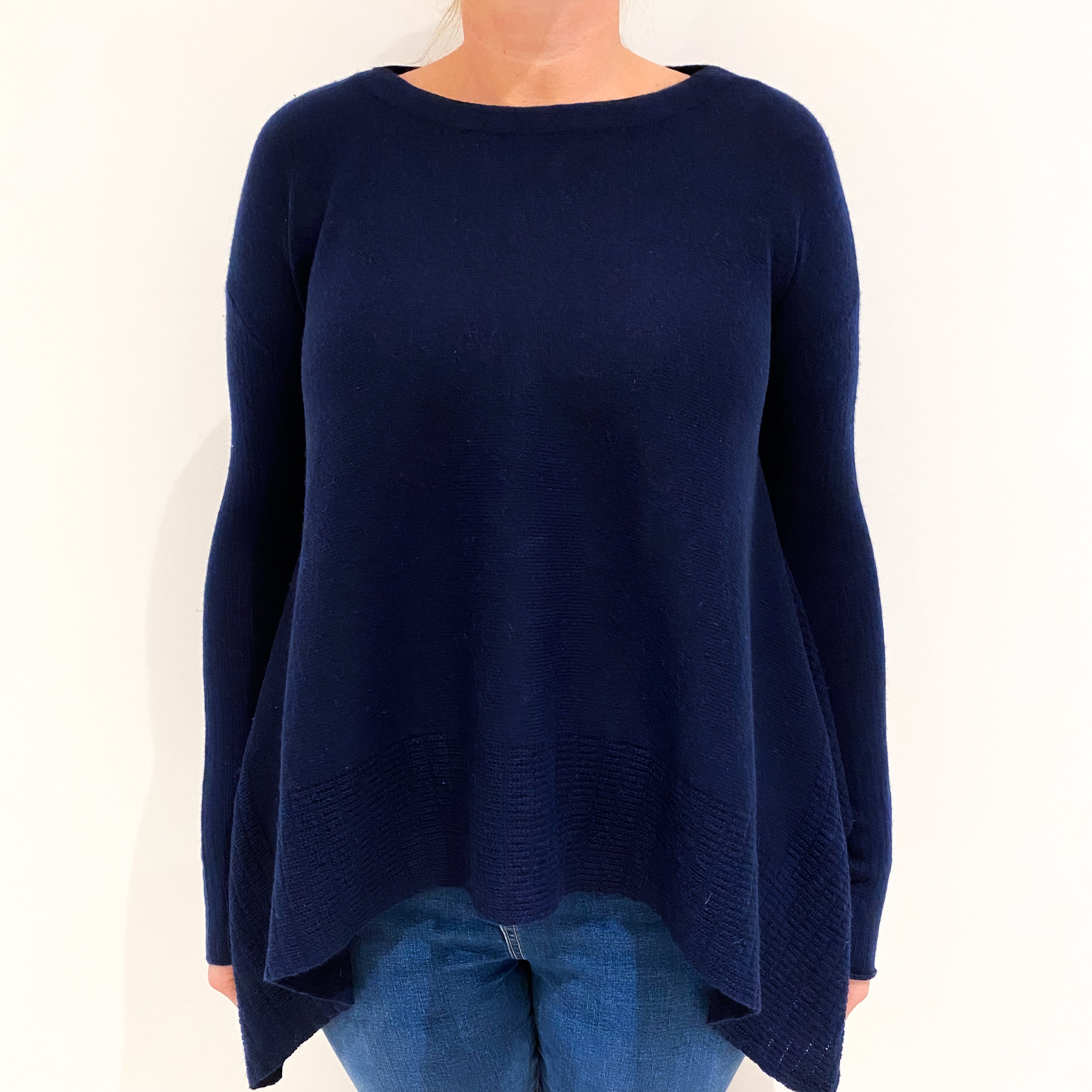 Navy Blue Poncho Style Hem Cashmere Crew Neck Jumper Large